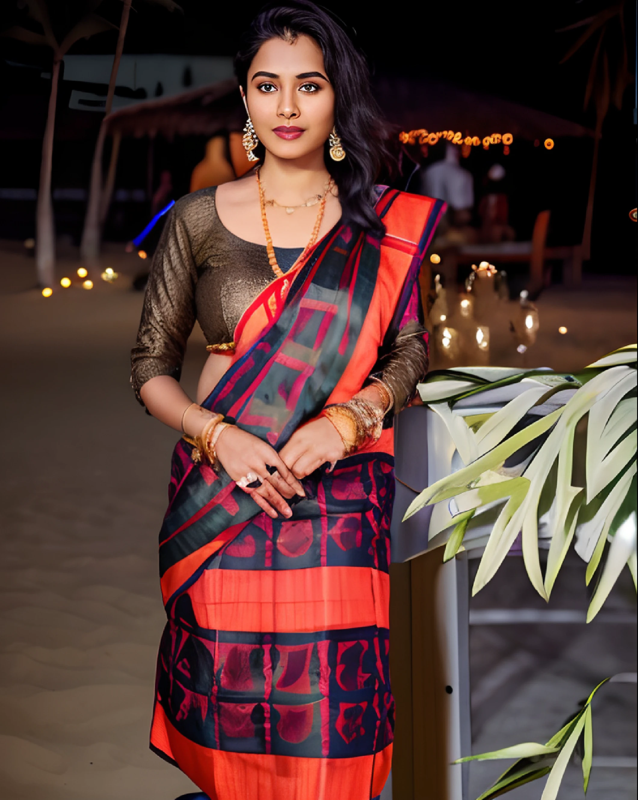 a woman in a red and blue shorts standing on beach , very beautiful enga style, with lovely look, wearing beautiful clothes, wearing a sari, indian style, big chest, long loose hair