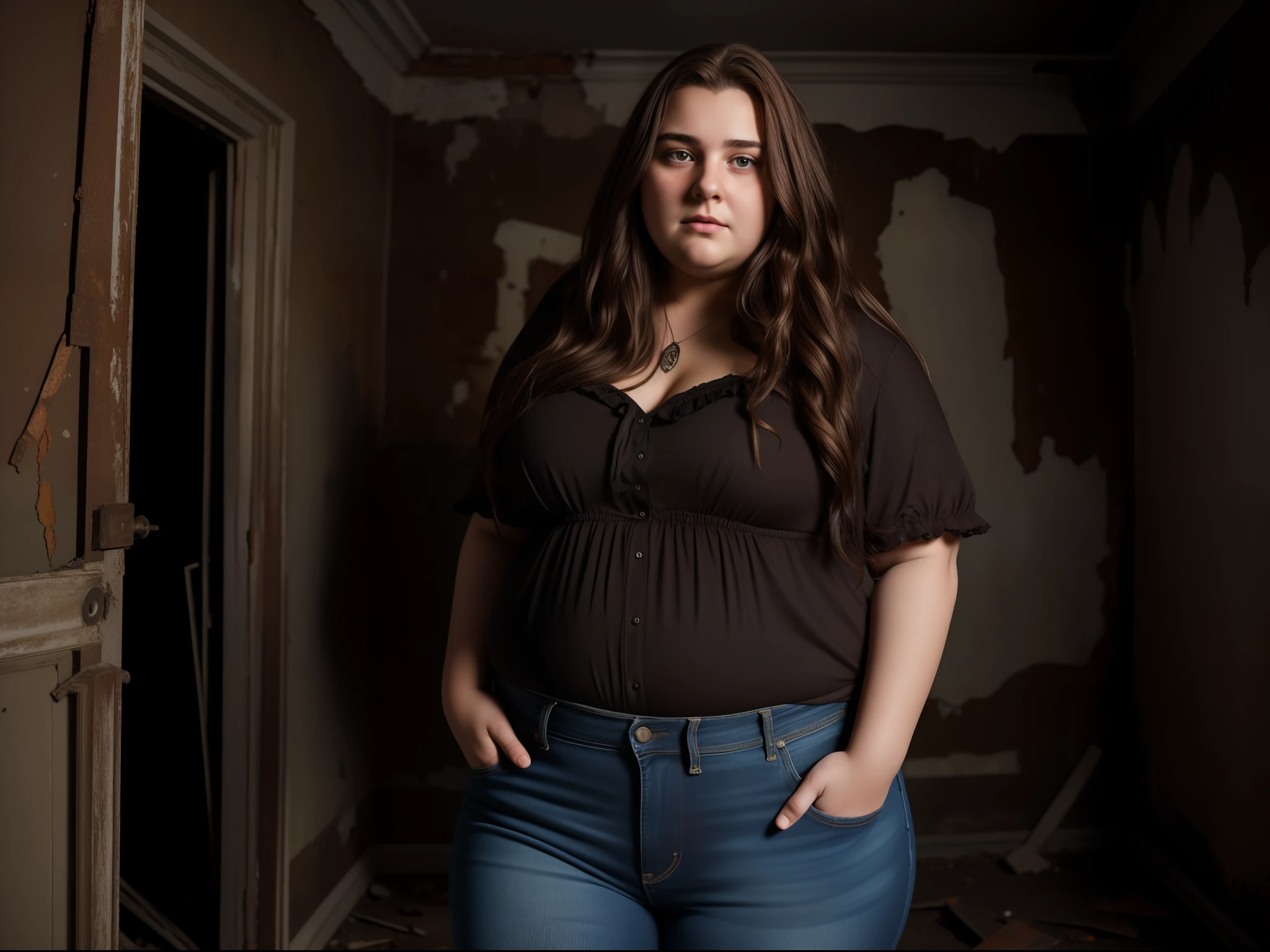 Ultra-realistic 8K image of an ugly 22-year-old fat woman with long, wavy brown hair dressed in a black blouse and jeans, exploring an old abandoned house with moldy walls at night; uncomfortable expression on the face