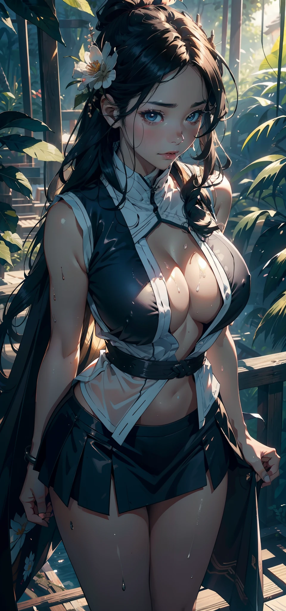 1female,35yo,熟妇,Large breasts,Pornographic exposure, 独奏,(Background with:ln the forest,the rainforest,in summer) She has long black hair,Head flower,standing on your feet,Sweat profusely,drenched all over the body,seen from the front, curlies, mostly cloudy sky,(((tmasterpiece),(Very detailed CG unity 8K wallpaper),best qualtiy,cinmatic lighting,detailed back ground,beatiful detailed eyes,Bright pupils,(Very fine and beautiful),(Beautiful and detailed eye description),ultra - detailed,tmasterpiece,)),facing at camera,A high resolution,ultra - detailed),,revealing breasts,Bare genitalia, Bulge,Camel toes,Raised sexy,Flushed complexion,Open-mouthed,frontage,Samurai of Japan(Wearing:The miniskirt exposes the underbody,White transparent vest,cloaks)