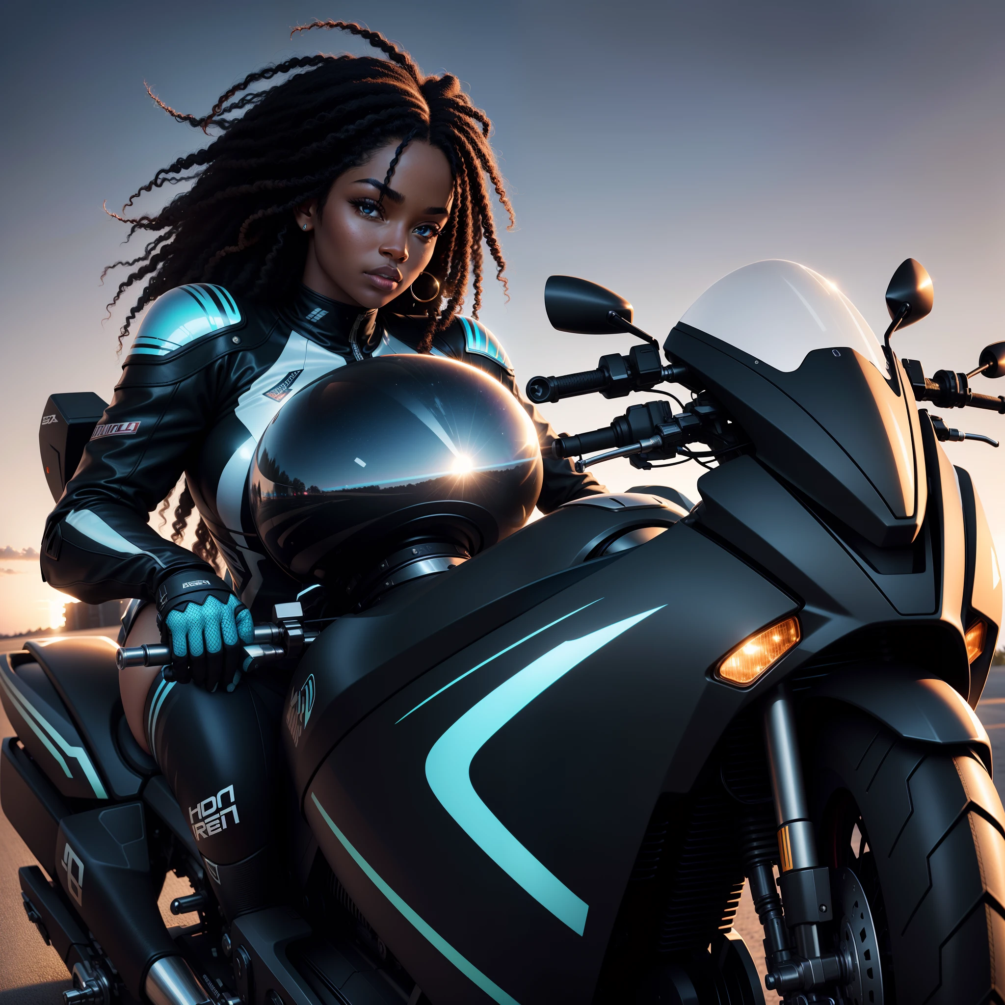 Wide angle shot of Beautiful black woman riding a motorbike on a shinny reflective surface, the sky reflecting on the surface, with iridescent light, highly detailed images, vibrant beautiful colours, photorealistic image, 8k, ultra HD, unreal engine rendered, cinematic lighting, artgerm style,