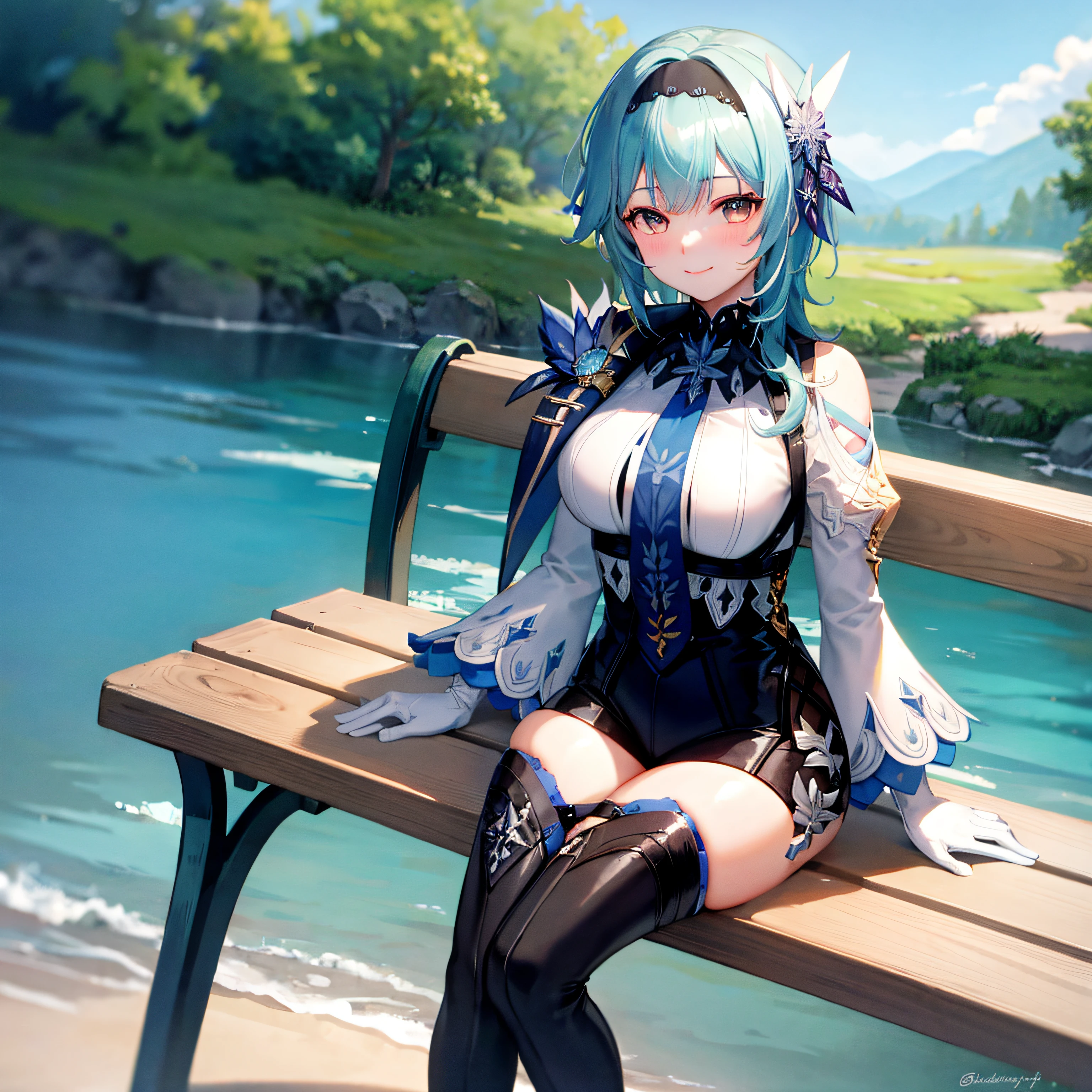 (top-quality, masterpiece, sitting on a bench, blushing, smiling, voluptuous body, 4k)