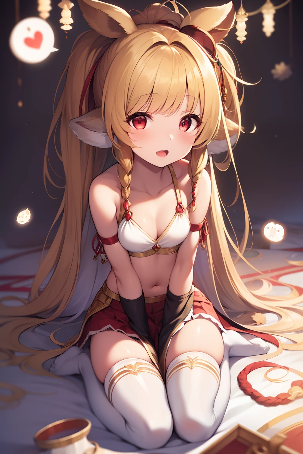 1girl, animal_ears, arm_support, blonde_hair, breasts, commentary_request, crop_top, full_body, granblue_fantasy, hair_over_shoulder, hair_ribbon, harvin, highres, leaning_forward, long_hair, looking_at_viewer, mahira_(granblue_fantasy), midriff, myouji_namawe, open_mouth, partial_commentary, red_eyes, ribbon, sidelocks, sitting, skirt, small_breasts, solo, thighs, translation_request, white_skirt, wide_sleeves