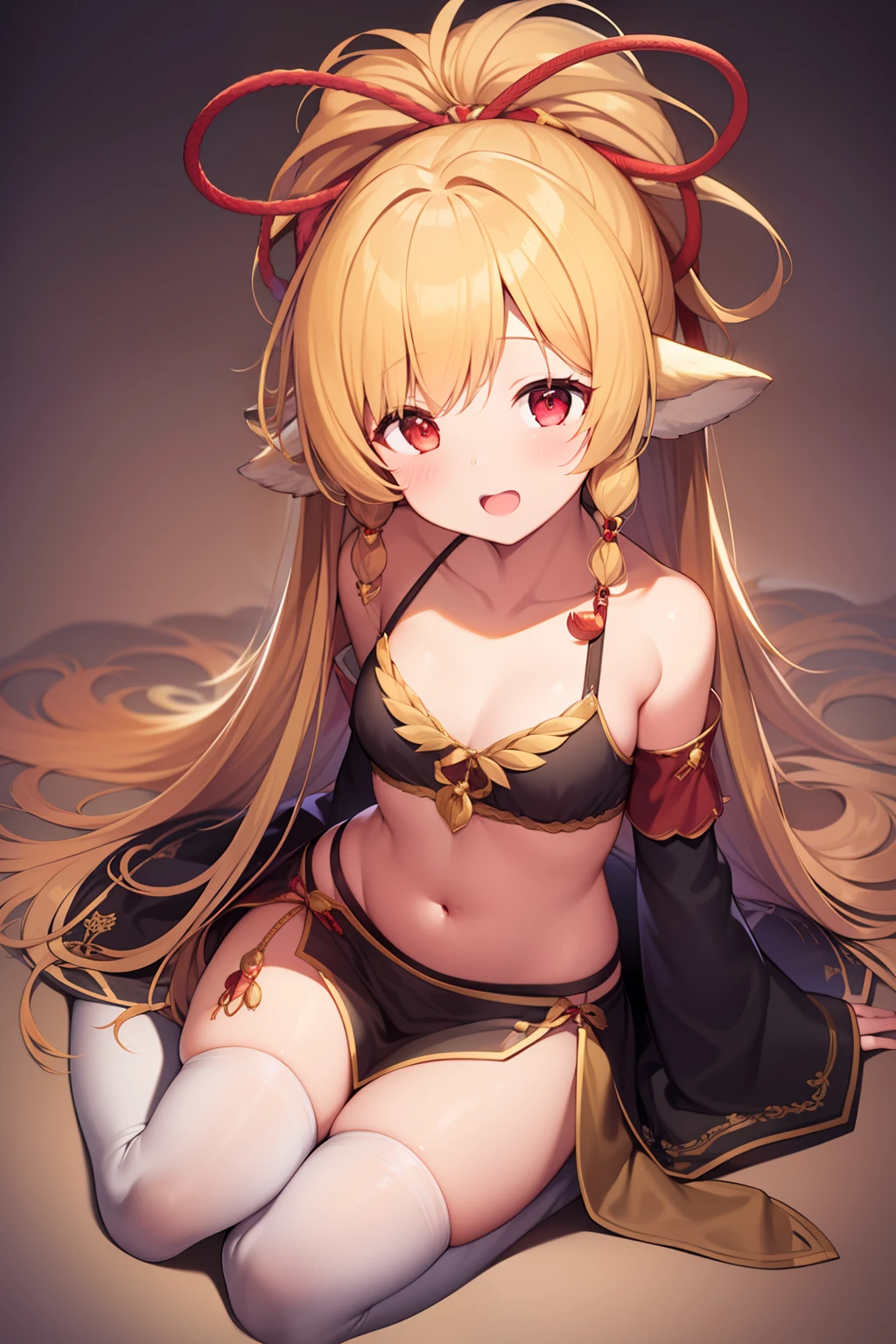 1girl, animal_ears, arm_support, blonde_hair, breasts, commentary_request, crop_top, full_body, granblue_fantasy, hair_over_shoulder, hair_ribbon, harvin, highres, leaning_forward, long_hair, looking_at_viewer, mahira_(granblue_fantasy), midriff, myouji_namawe, open_mouth, partial_commentary, red_eyes, ribbon, sidelocks, sitting, skirt, small_breasts, solo, thighs, translation_request, white_skirt, wide_sleeves