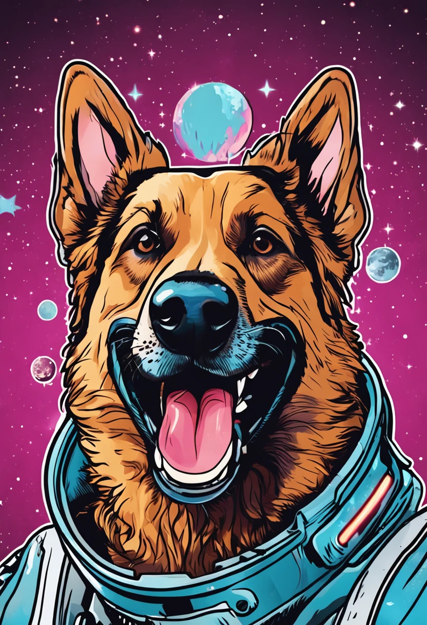 space dog, funny and surprised, for a sticker, german shepperd, with the tongue out, joyful