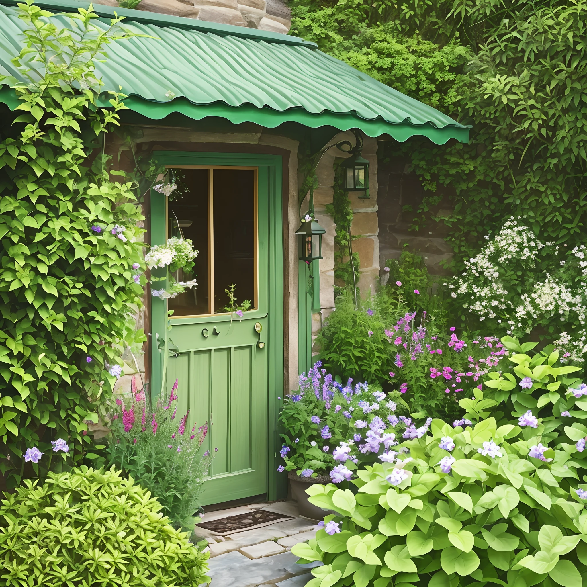 Light green cottage, the sacred symbol of medicine: a staff with a snake wrapped around it is displayed just outside the door. All kinds of herbs grow everywhere, scenery --auto --s2