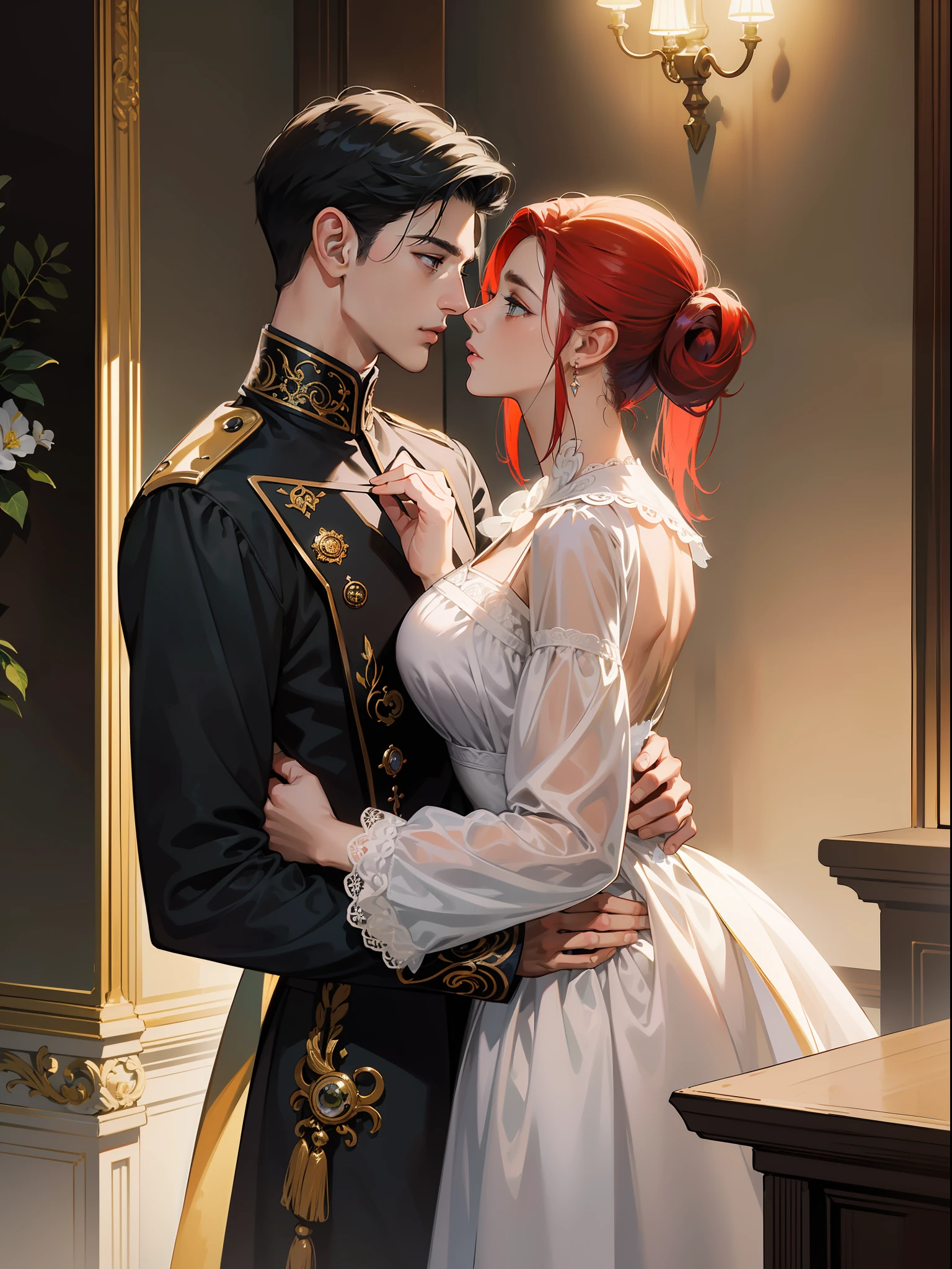 ((obras maestras)), mejor calidad, outstanding illustration, (((A couple seeing each other))), enfoque suave, (((1 chico de cabello negro corto))) (((ojos azules))) (((ropa de mago oscuro))), (((1 chica de (((Pelo rojo))) largo rizado))) (((ojos dorados))) (((vestido de novia BLANCO elaborado y hermoso))), Ropa victoriana, Victorian and magical romanticism, ambiente opulento y exquisito, Soft light and warm lighting.