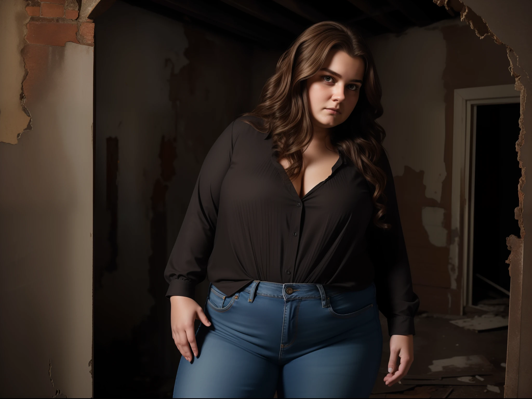 Ultra-realistic 8K image of an ugly 22-year-old fat woman with long, wavy brown hair dressed in a black blouse and jeans, exploring an old abandoned house with moldy walls at night; uncomfortable expression on the face