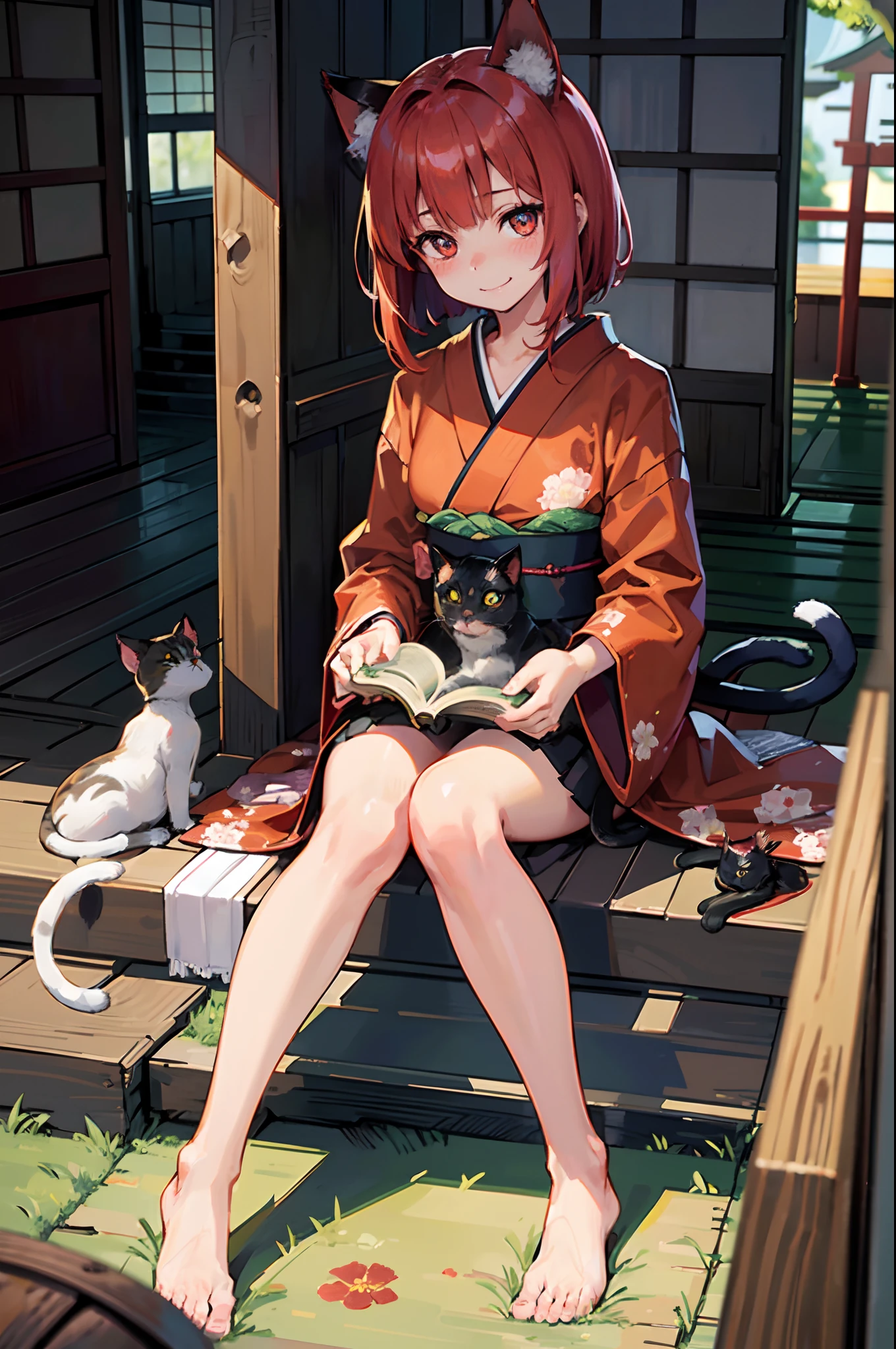 masutepiece, Best Quality, Detailed beautiful face and eyes, Full body, The best illustrations, PastelColors, (jpn、Shrine 1.4), Red torii gate, beauitful face, blurry backround,  beautiful girl, shinny skin, (１The tail of a cat in a book grows:1.3), Sharp pupils, Realistic pupils, Glowing red hair, bob cuts, Eyes are yellow, Cat's ears, Floral hair ornament, Gentle smile, Curve, (Kimono:1.2), facing front