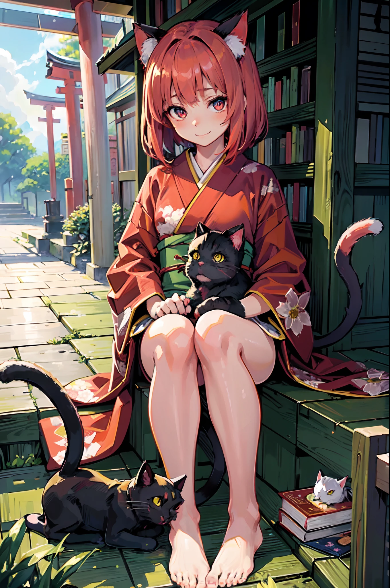 masutepiece, Best Quality, Detailed beautiful face and eyes, Full body, The best illustrations, PastelColors, (jpn、Shrine 1.4), Red torii gate, beauitful face, blurry backround, 10 year old beautiful girl, shinny skin, (１The tail of a cat in a book grows:1.3), Sharp pupils, Realistic pupils, Glowing red hair, bob cuts, Eyes are yellow, Cat's ears, Floral hair ornament, Gentle smile, Curve, (Kimono:1.2), facing front