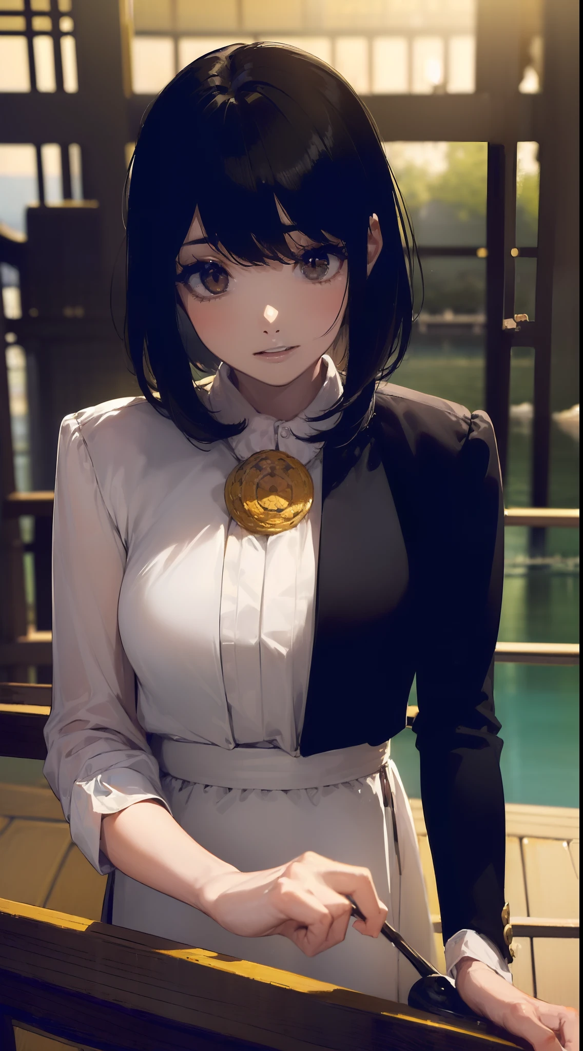 ((((Catch a big black bass by the lake:1.5)))),((1 female 28 years old)),((Best Quality, masutepiece :1.5)),(((Hands with the correct number and structure of fingers:1.4))),hight resolution,ultra-detailliert,masterpiece,best qualtiy,Short bob hair,Black hair, long eyeslashes, Solid Circle Eyes, drop shadow, Atmospheric perspective,Super Detail, ccurate, small brest,(Black jacket :1.1),top-quality, blurry backround, bokeh dof:1.2, (masterpiece:1.3), Atmospheric perspective,Super Detail,dynamic compositions,High-resolution image quality、top-quality、masterpiece、extremely delicate and beautiful illustration、extremely details CG、astonishing、finely detail、masterpiece