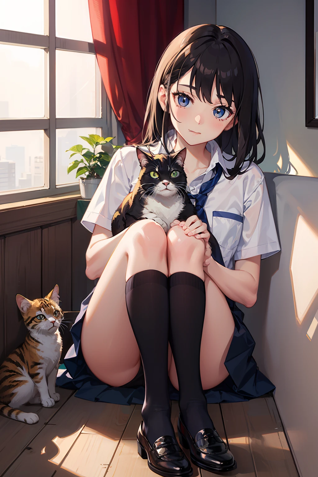 masutepiece, of the highest quality: 1.2), Cute and delicate eyes, Neat face, School uniform, Blue tie, (Black socks: 1.4), Holding a cat, in 8K