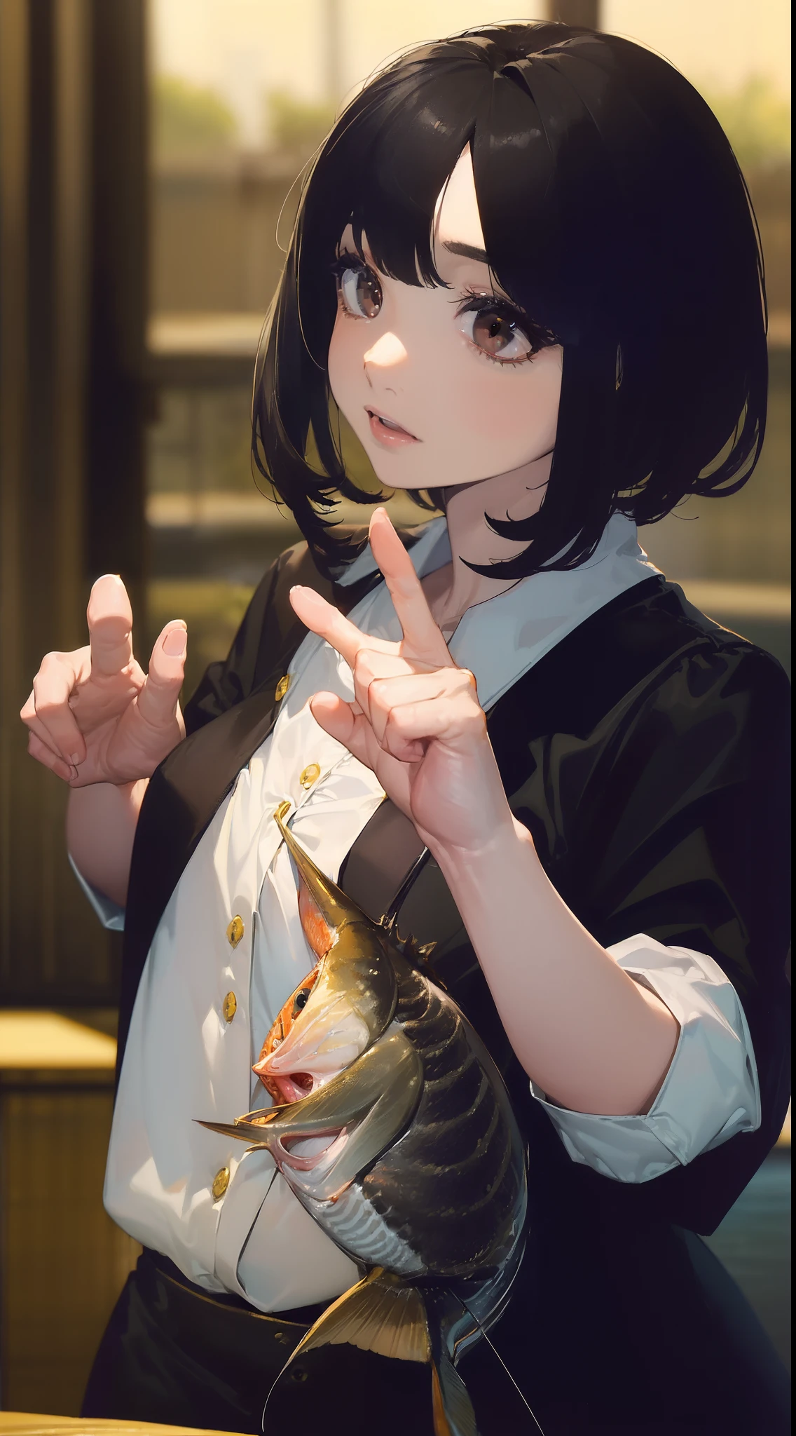 ((((Catch a big black bass by the lake:1.5)))),((1 female 28 years old)),((Best Quality, masutepiece :1.5)),(((Hands with the correct number and structure of fingers:1.4))),hight resolution,ultra-detailliert,​masterpiece,best qualtiy,Short bob hair,Black hair, long eyeslashes, Solid Circle Eyes, drop shadow, Atmospheric perspective,Super Detail, ccurate, small brest,(Black jacket :1.1),top-quality, blurry backround, bokeh dof:1.2, (​masterpiece:1.3),  Atmospheric perspective,Super Detail,dynamic compositions,High-resolution image quality、top-quality、​masterpiece、extremely delicate and beautiful illustration、extremely details CG、astonishing、finely detail、​masterpiece