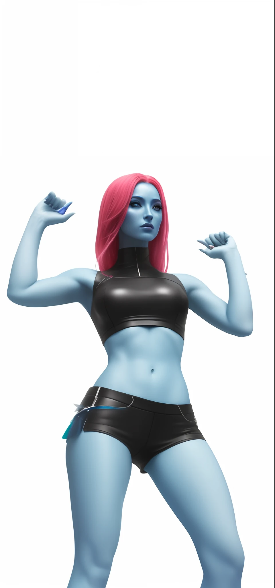 um close up de uma mulher de top preto e shorts, mystique, Avatar da parte superior do corpo, Female alien, poser, Pose intimidadora, personagem feminina, sigma female, Gamora, angry female alien, Fight put, modeled on poserr, Pose triunfante, este personagem tem criocinese, sci-fi feminino, pele azul congelante, sci fi female character, jean cinza