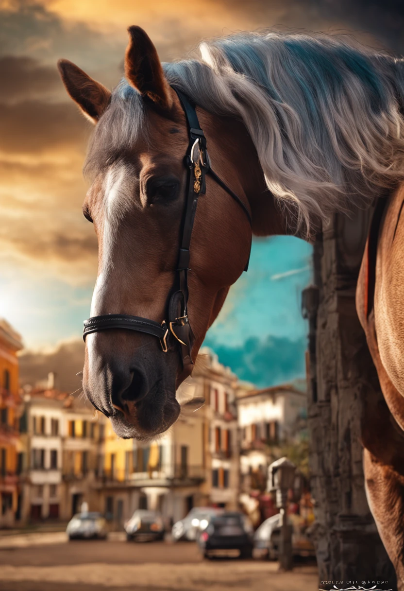 A horse in Florence, caricature, extremely detailed, glamour photography, real estate photography, deep colors, earth tones, acidwave, comtemporary realism, fantasy, fairytale