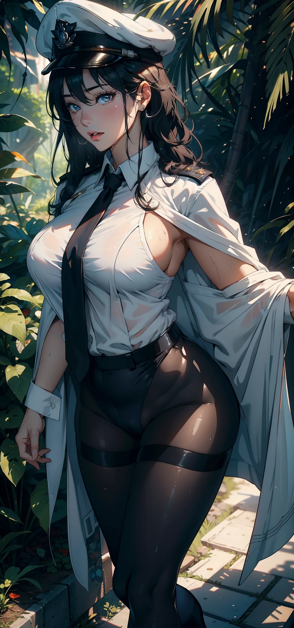 1female,25 age old,Large breasts,Pornographic exposure, 独奏,(Background with:ln the forest,the rainforest,in summer) with his long black hair,standing on your feet,Sweat profusely,drenched all over the body,seen from the front, curlies, mostly cloudy sky,(((tmasterpiece),(Very detailed CG unity 8K wallpaper),best qualtiy,cinmatic lighting,detailed back ground,beatiful detailed eyes,Bright pupils,(Very fine and beautiful),(Beautiful and detailed eye description),ultra - detailed,tmasterpiece,)),facing at camera,A high resolution,ultra - detailed),revealing breasts,Bare genitalia, Bulge,Camel toes,Raised sexy,Flushed complexion,Open-mouthed,frontage,Female officers,Officer's cap(Wearing:White shirt,black necktie,Pantyhose,Red cape)nakeness,high-heels