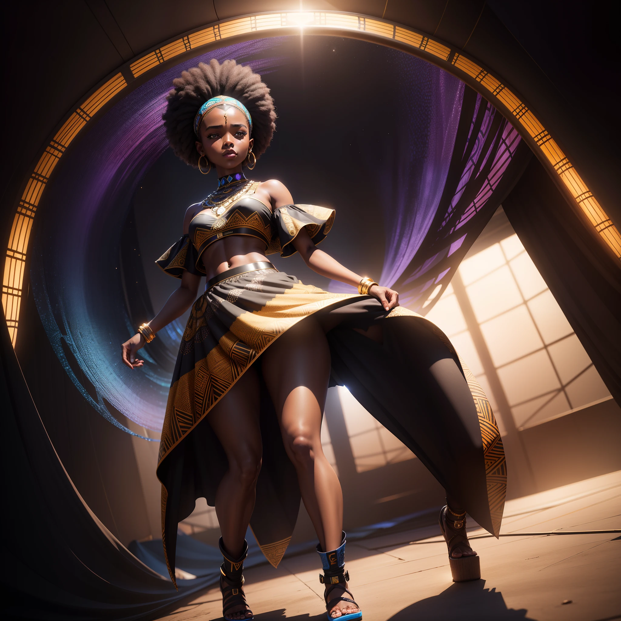Beautiful black girl dressed in a skirt with African designs modelling on the runway, with iridescent light, highly detailed images, vibrant beautiful colours, photorealistic image, 8k, ultra HD, unreal engine rendered, cinematic lighting, artgerm style,