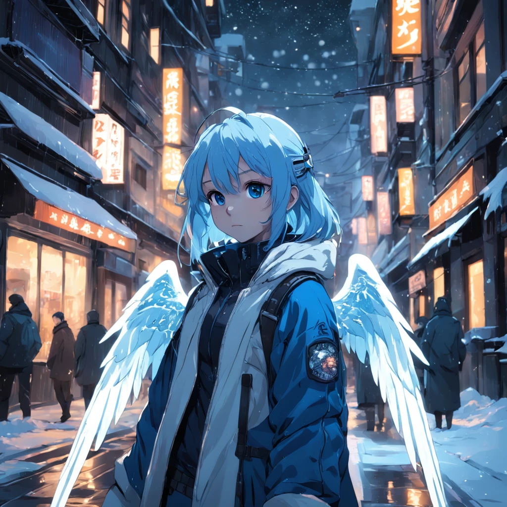 blue and white angel, cyberpunk, city, street, night, snow, lights, Elie the last of us