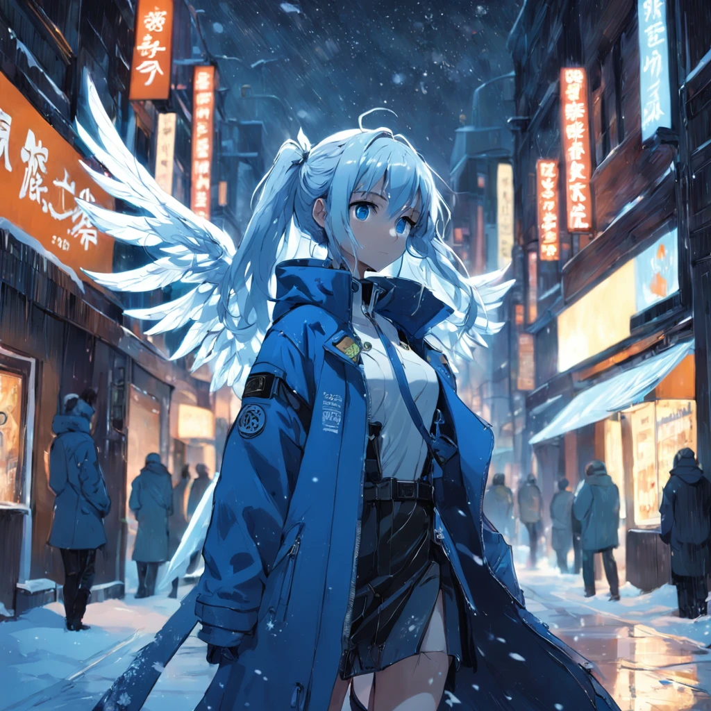 blue and white angel, cyberpunk, city, street, night, snow, lights, Elie the last of us