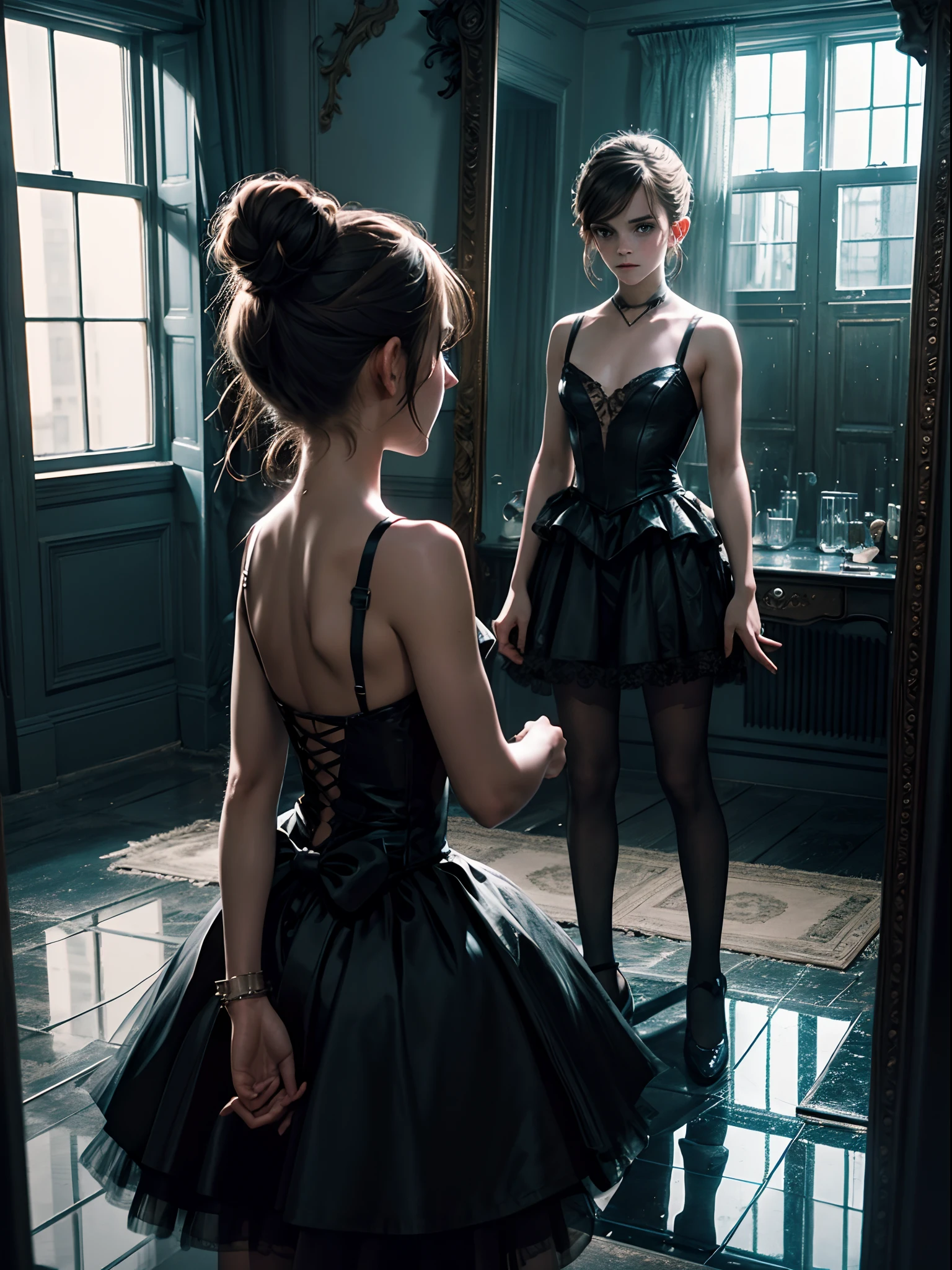 teen emma watson as a ballerina. inside dark studio. sitting. background mirrors. horror setting. distorted reflection on mirror. darkness. black swan setting. sharp focus. cinematic lighting. --s1000