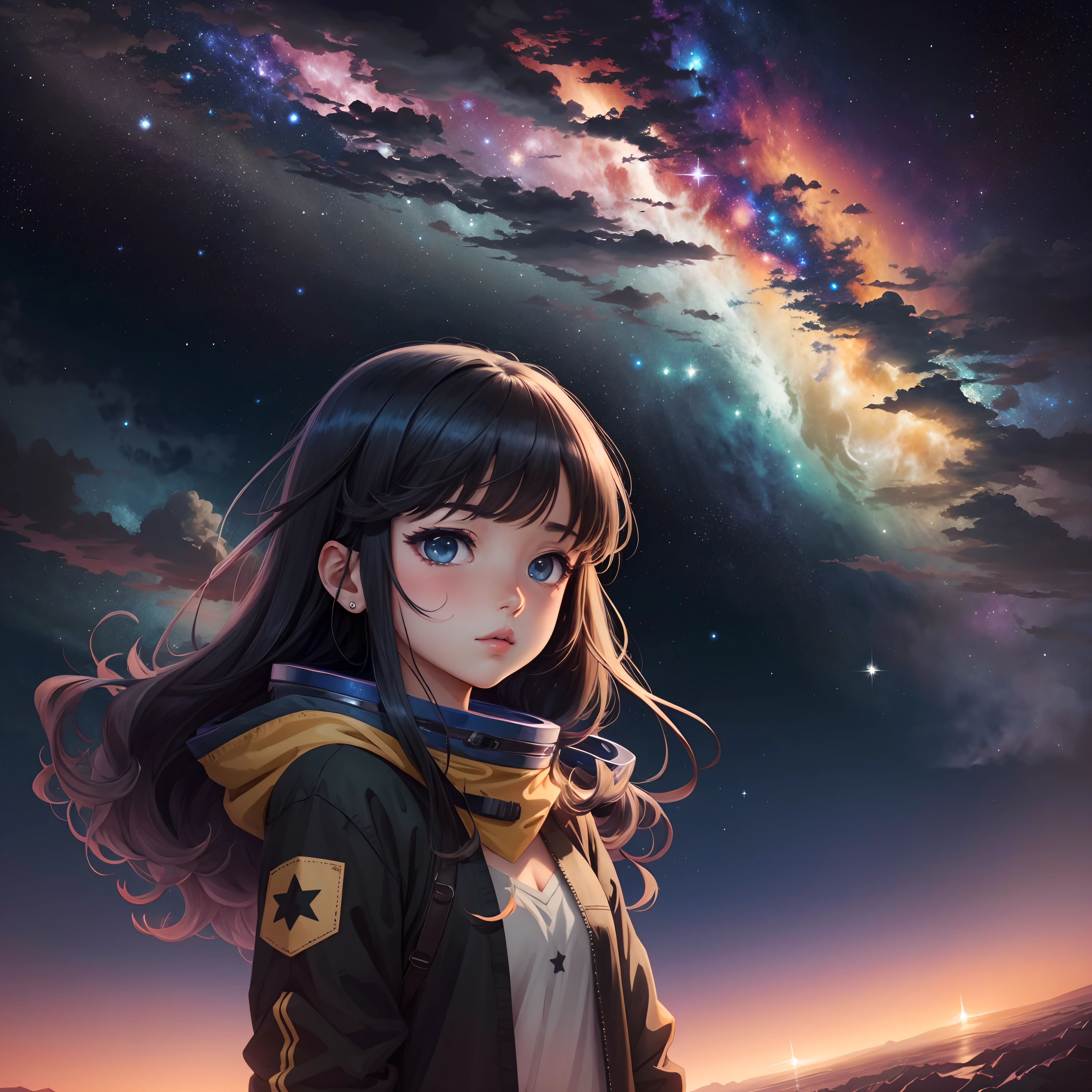 Anime style drawing, girl, night sky, stars, space, saturated colors