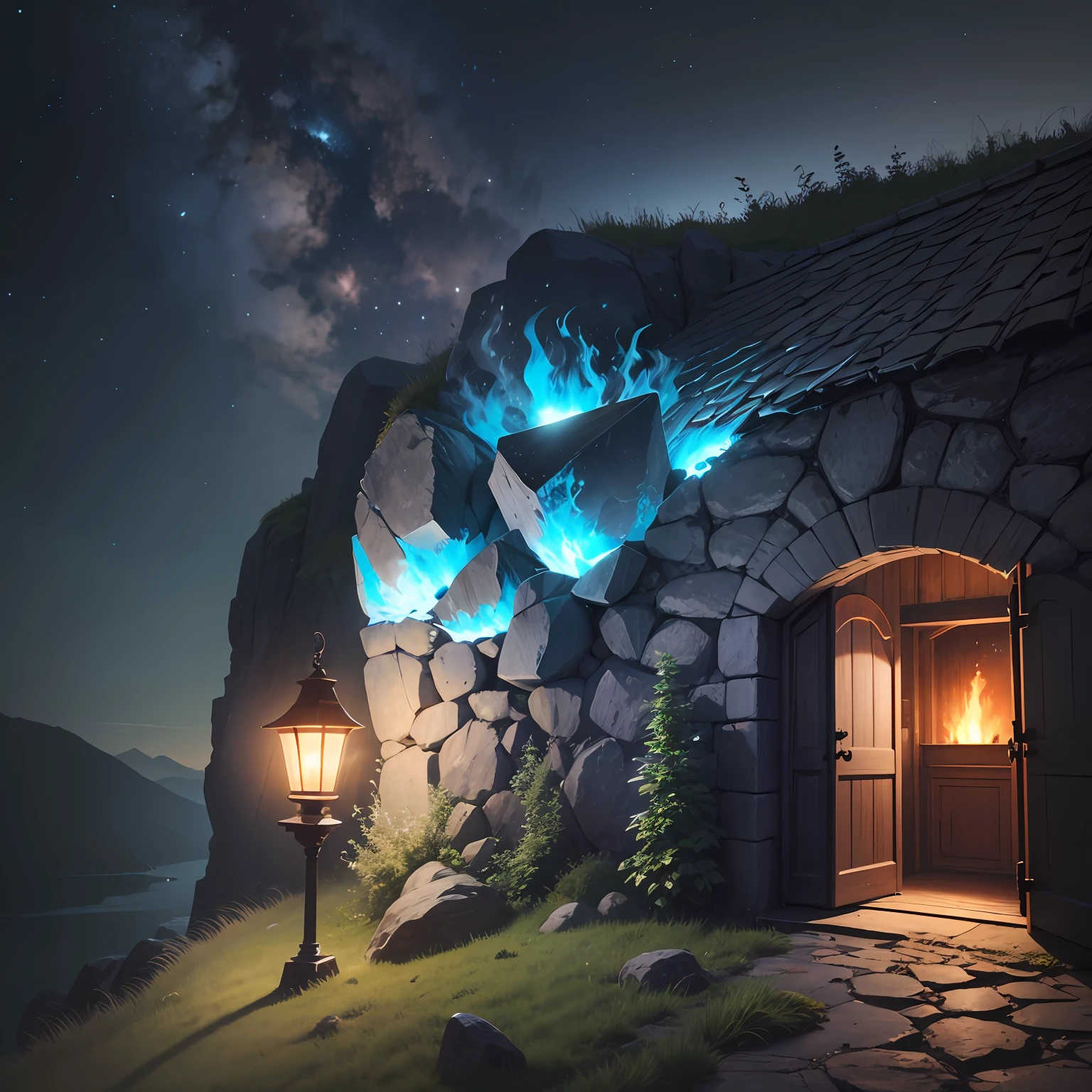 Cottage with black stone walls, and iron torches burning in pale blue flames, hanging on either side of the dark wood door. During the night, when looking at the rock, it seems more ethereal and deep, as if you were looking into infinity. --auto --s2