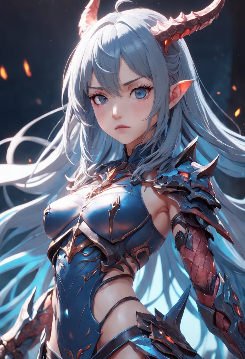 Close-up of a girl with a sword, ultra-detailed fantasy character, intricate gorgeous anime CGI style, female demon suitable for white horns, 4 K detail fantasy, high detail iconic character, beautiful biomechanical elf, complex fantasy character, high detail and very sharp, intricate artwork. Octane rendering, 3 D rendering character art 8 K