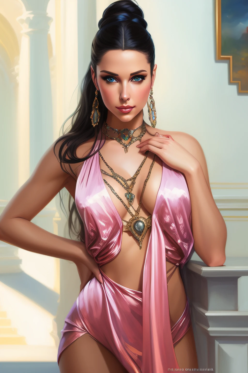 glamurous centerfold model , perfect girl portrait, oil painting, Shannon Maer ,alluring pose, abundant decolletage, symmetrical face, portrait style, choker,Stunning. ray tracing, global light, intricate detailed background, Captivating. . Distinctive. Stylish,a fantasy spirit in the marble palace naturally illuminated from above, Magali Villeneuve, vladimir volegov, aleksei vinogradov, ,Richard S. Johnson,Konstantin Razumov,Vicente Romero Redondo,global light isometric perspective , high resolution, garden in the back ground , sunset , summer, mysterious, enchanted, divine,