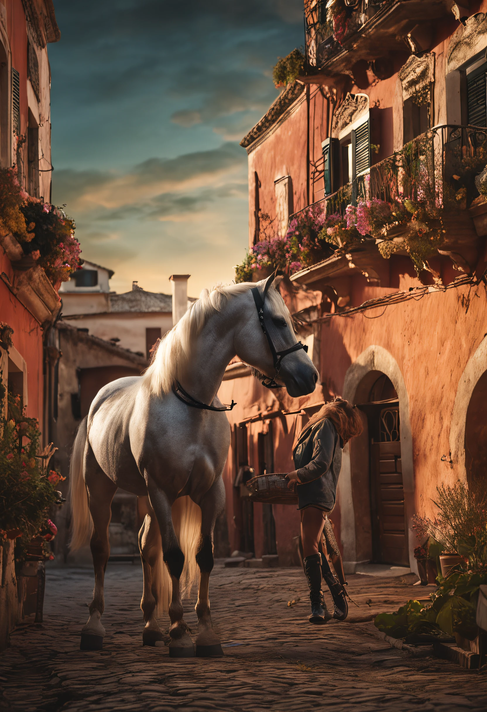 A horse in Florence, caricature, extremely detailed, glamour photography, real estate photography, deep colors, earth tones, acidwave, comtemporary realism, fantasy, fairytale