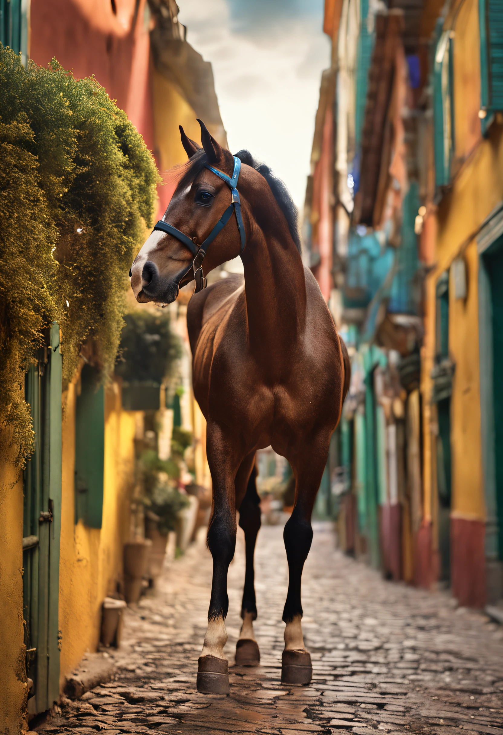 A horse in Florence, caricature, extremely detailed, glamour photography, real estate photography, deep colors, earth tones, acidwave, comtemporary realism, fantasy, fairytale