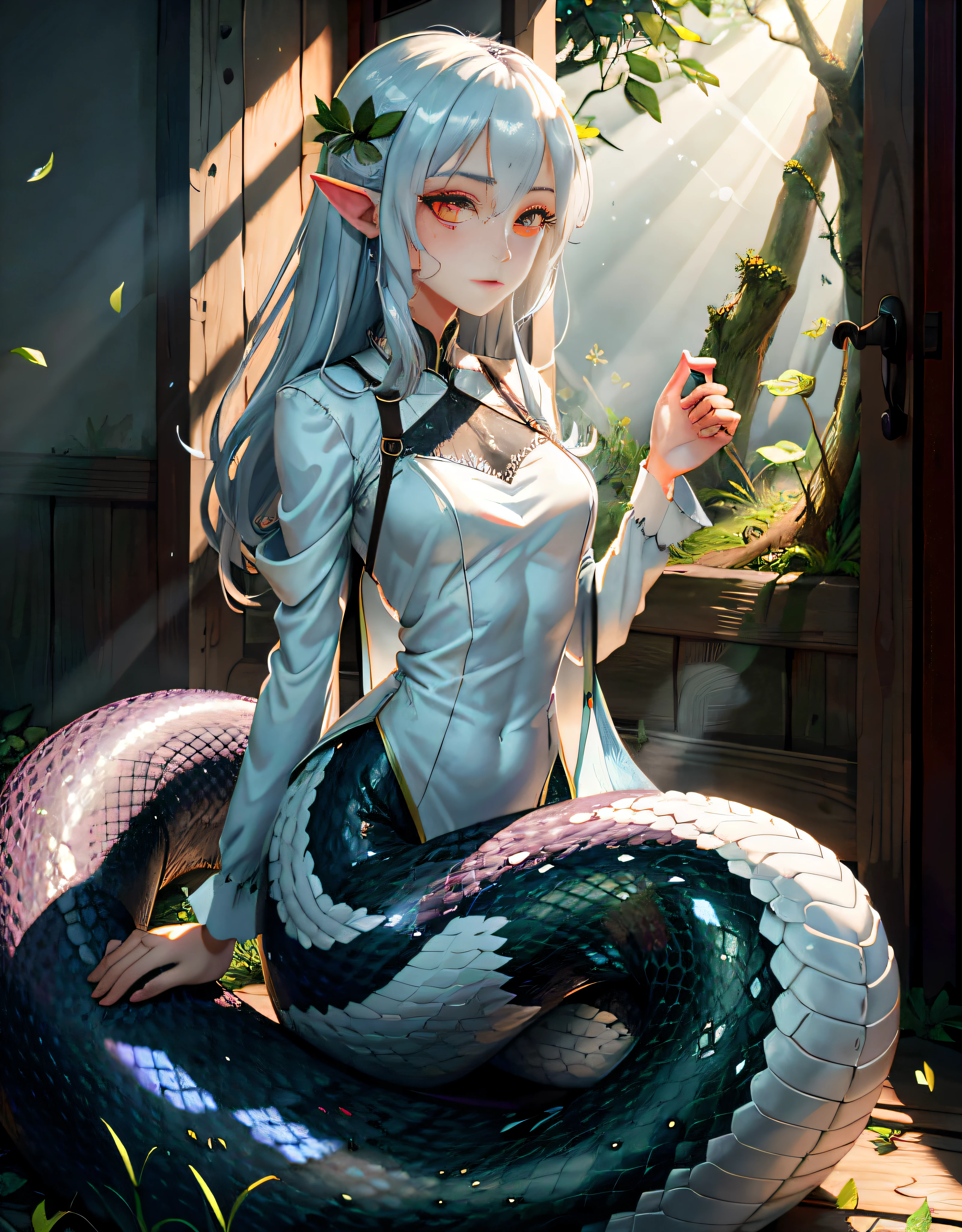 Detailed snakeskin， （AS-Adult）， Individual focus， （Lamia）， stoic， monstergirl， ， beautidful eyes， beatiful background， abandoned cottage， ln the forest， light particules， suns rays， dramatic  lighting， do lado de fora， grassy， leafs， Shiny （amarelo， Red Jewel， White gradient：1.5）， Realistis， tmasterpiece， best qualtiy， ultra - detailed， A detailed， scenecy， 美丽细致的眼睛， Detailed gray hair，beautiful red eye