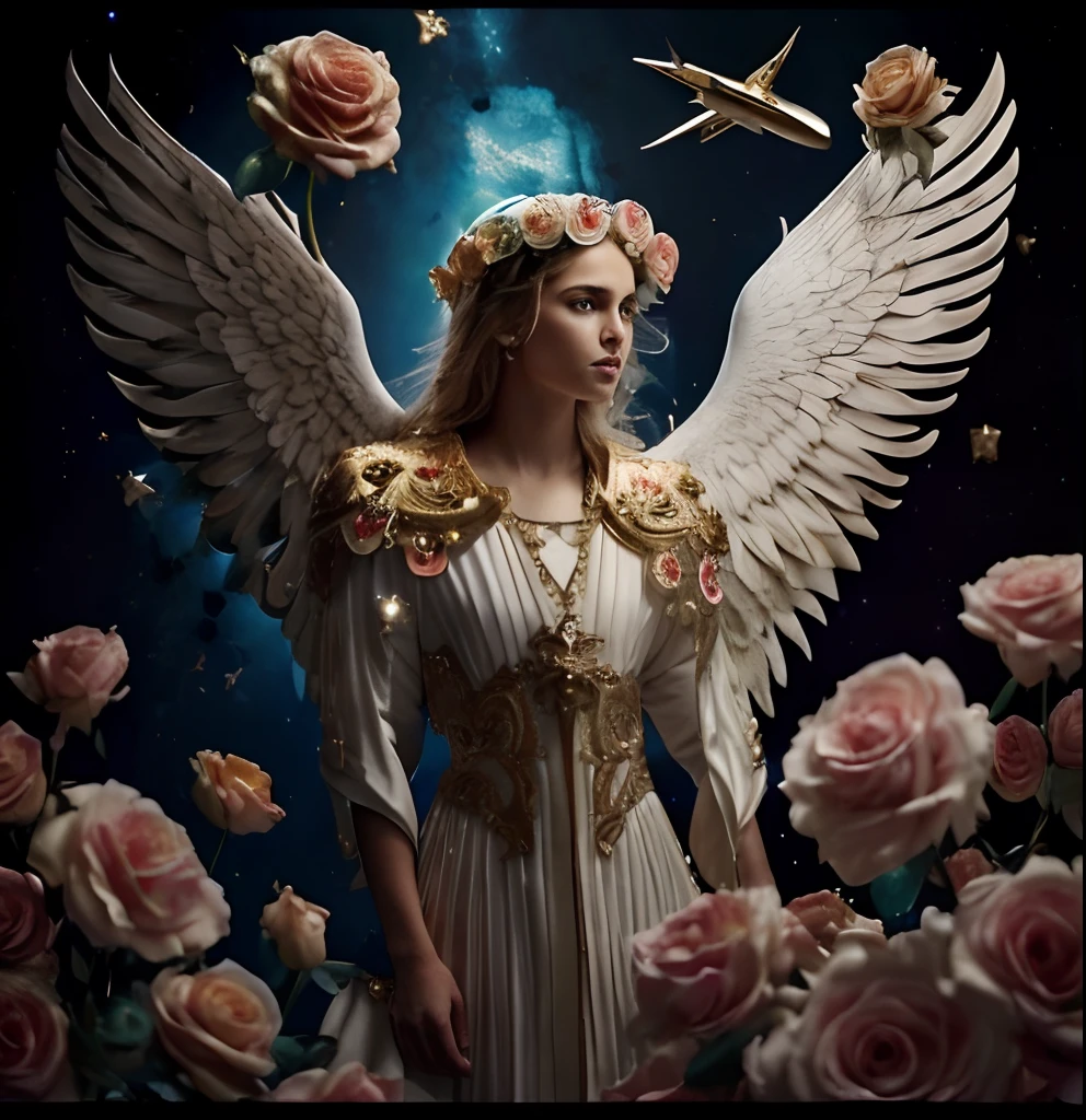 (((SAINT MICHAEL ARCHANGEL. 19 years old))) ((( Con una cara seria y piadosa. Con una mirada dulce y tierna))) (obra maestra, calidad superior, mejor calidad, arte oficial, beautiful and aesthetic: 1.2), (1girl), extremadamente detallado, (Arte fractal: 1.3), colorido, highest detailed, Cara perfecta, parte superior del cuerpo, HDR, (orando: 1.3), (golden lines of white coat: 1.2), galaxia, (rayas de luz), eye-catching visuals, (dynamic stripes, senderos luminosos: 1.2), colores vibrantes,