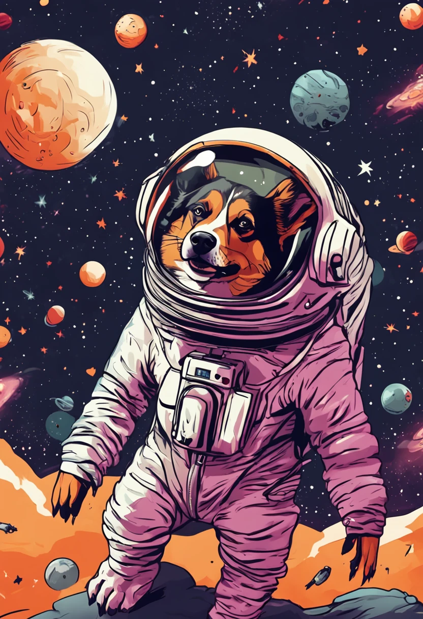 Black Chihuahua astronaut in surrealism, Outer space in the background
