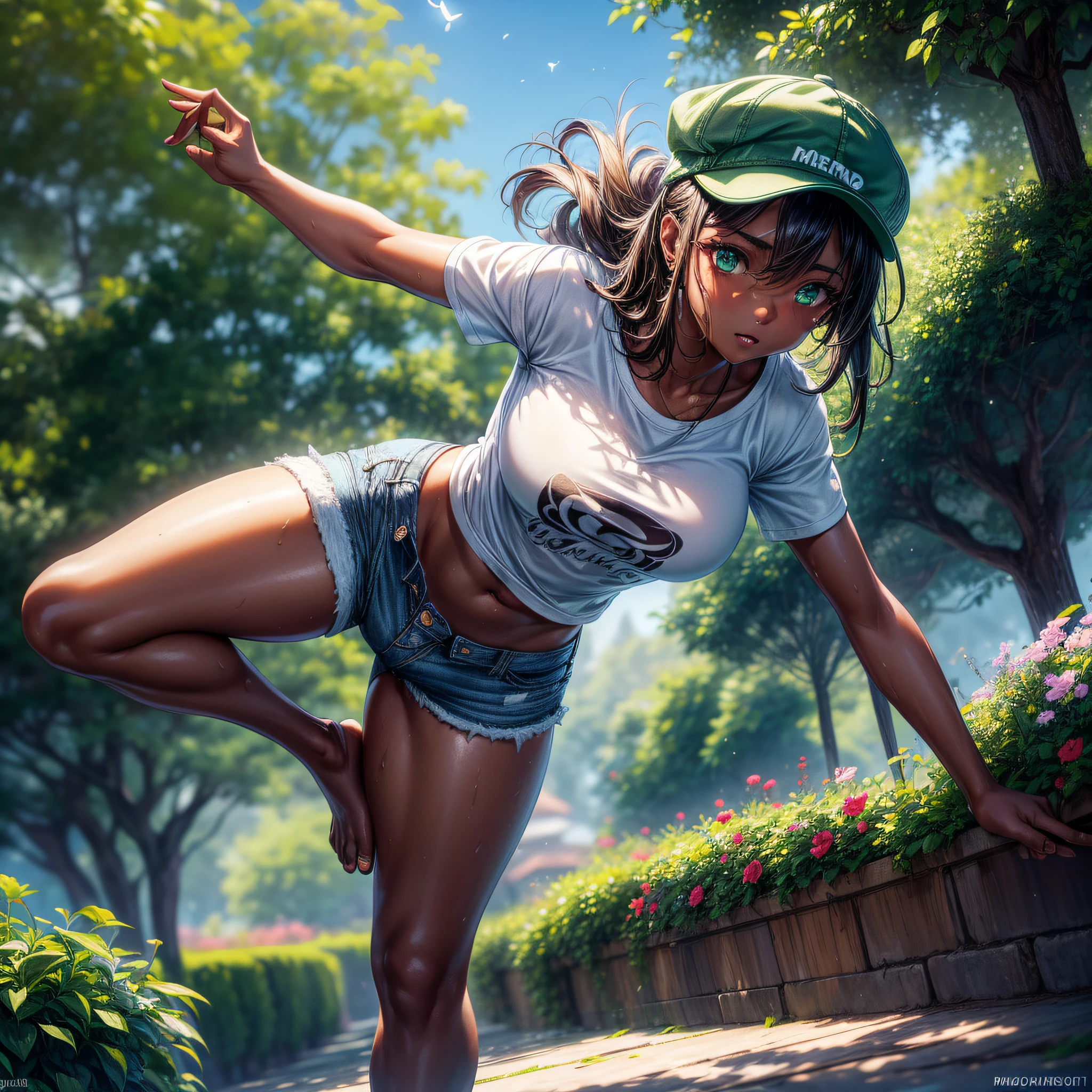 full body, 1girl, big breasts, small waist, big butt, ((dark skin tone)), ((skin texture)), ((shiny skin tone)), ((green eyes)), ((jean micro shorts, t-shirt white, cap)), ((sweaty)), defined body, well defined thighs, athletic body, ((blonde hair)), ((extremely detailed hair)), ((shiny hair)), ((dynamic pose)) in a beautiful garden. Detailed image with rich detail in the flowers, butterflies.
(masterpiece: 1.5) (photorealistic: 1.1) (bokeh) (best quality) (detailed skin texture pores hair: 1.1) (intricate) (8k) (HDR) (wallpaper) (cinematic lighting) (sharp focus )