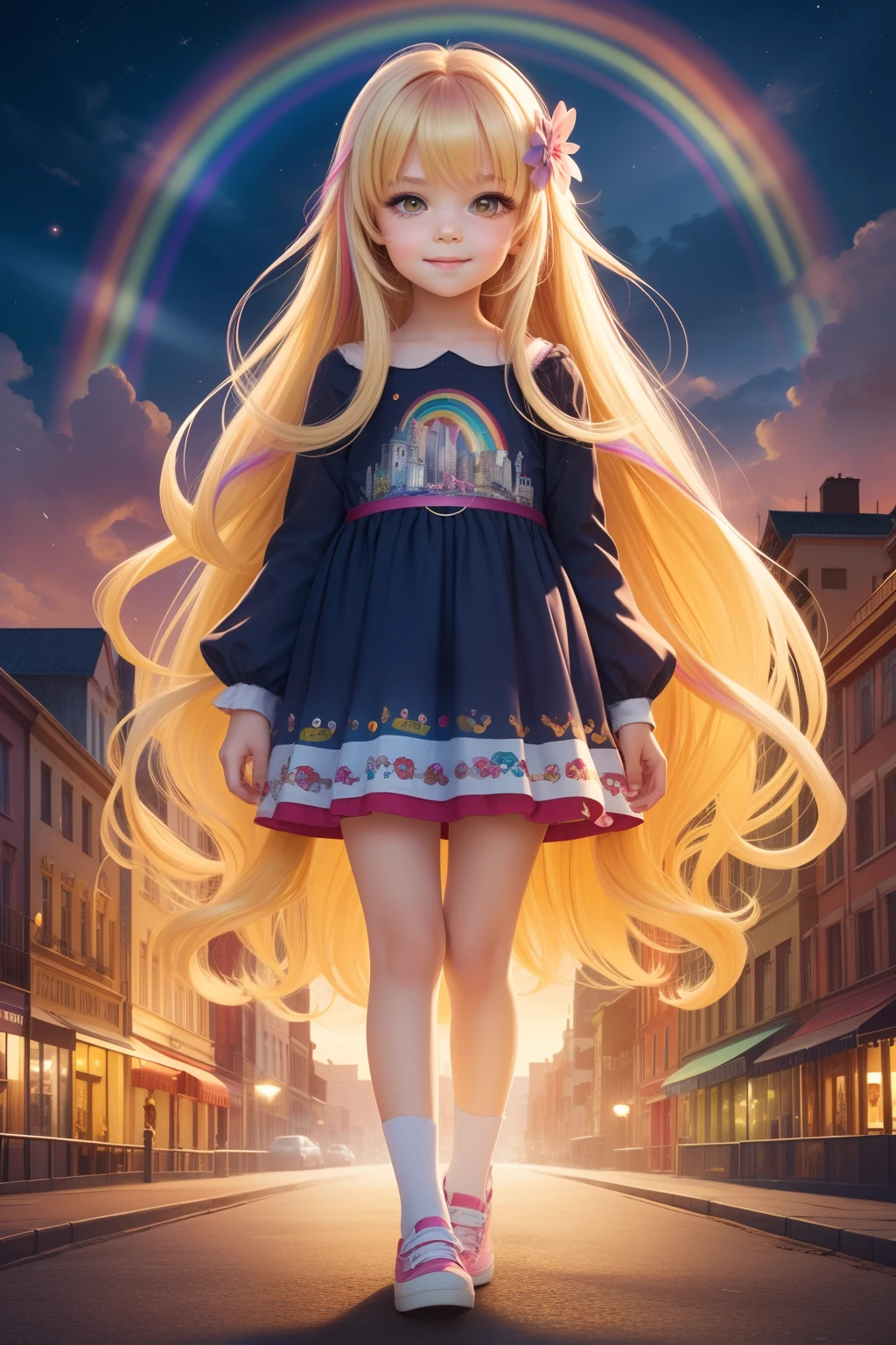 6 years old girl Long rainbow hair, happy yellow eyes, illustration for children's book, full body, beautiful city background according to the girl's design, children's clothing, happy eyes, perfect face,