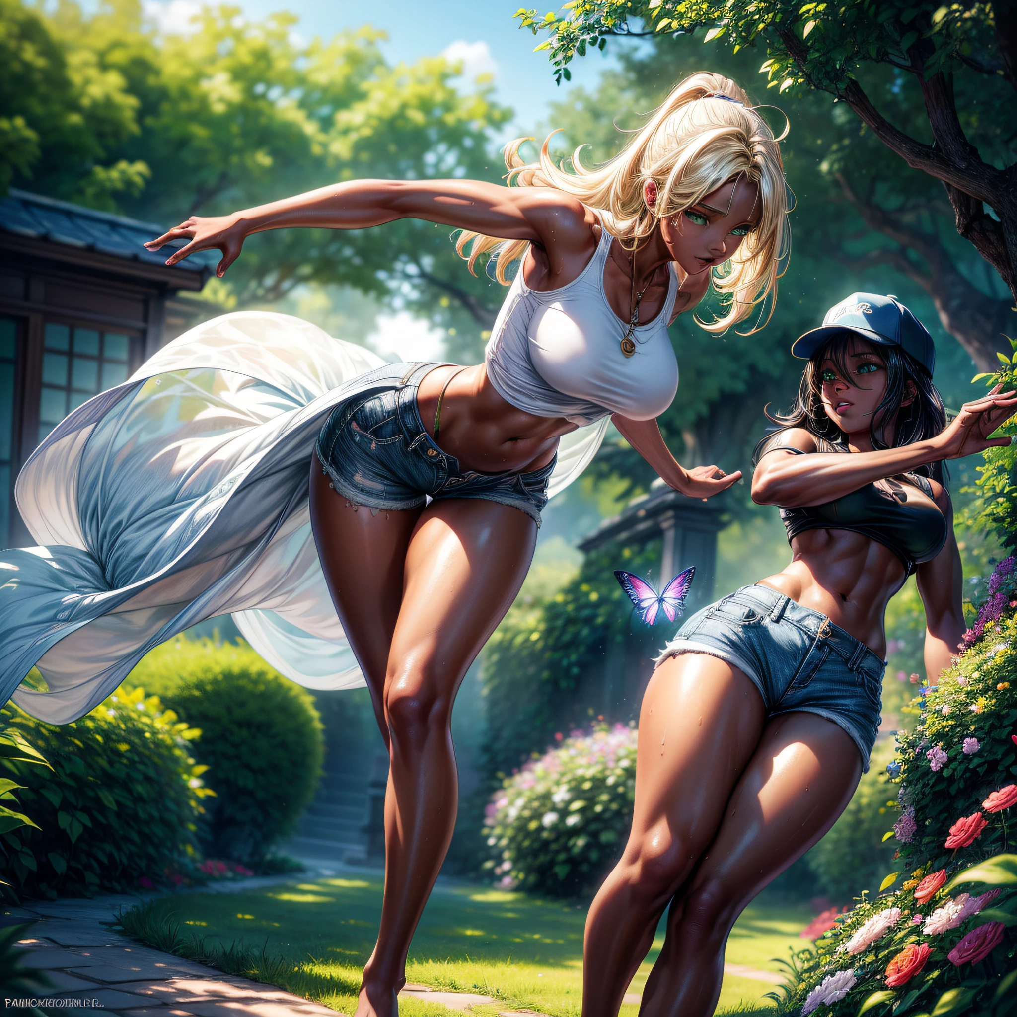 full body, 1girl, big breasts, small waist, big butt, ((dark skin tone)), ((skin texture)), ((shiny skin tone)), ((green eyes)), ((jean micro shorts, t-shirt white, cap)), ((sweaty)), defined body, well defined thighs, athletic body, ((blonde hair)), ((extremely detailed hair)), ((shiny hair)), ((dynamic pose)) in a beautiful garden. Detailed image with rich detail in the flowers, butterflies.
(masterpiece: 1.5) (photorealistic: 1.1) (bokeh) (best quality) (detailed skin texture pores hair: 1.1) (intricate) (8k) (HDR) (wallpaper) (cinematic lighting) (sharp focus )