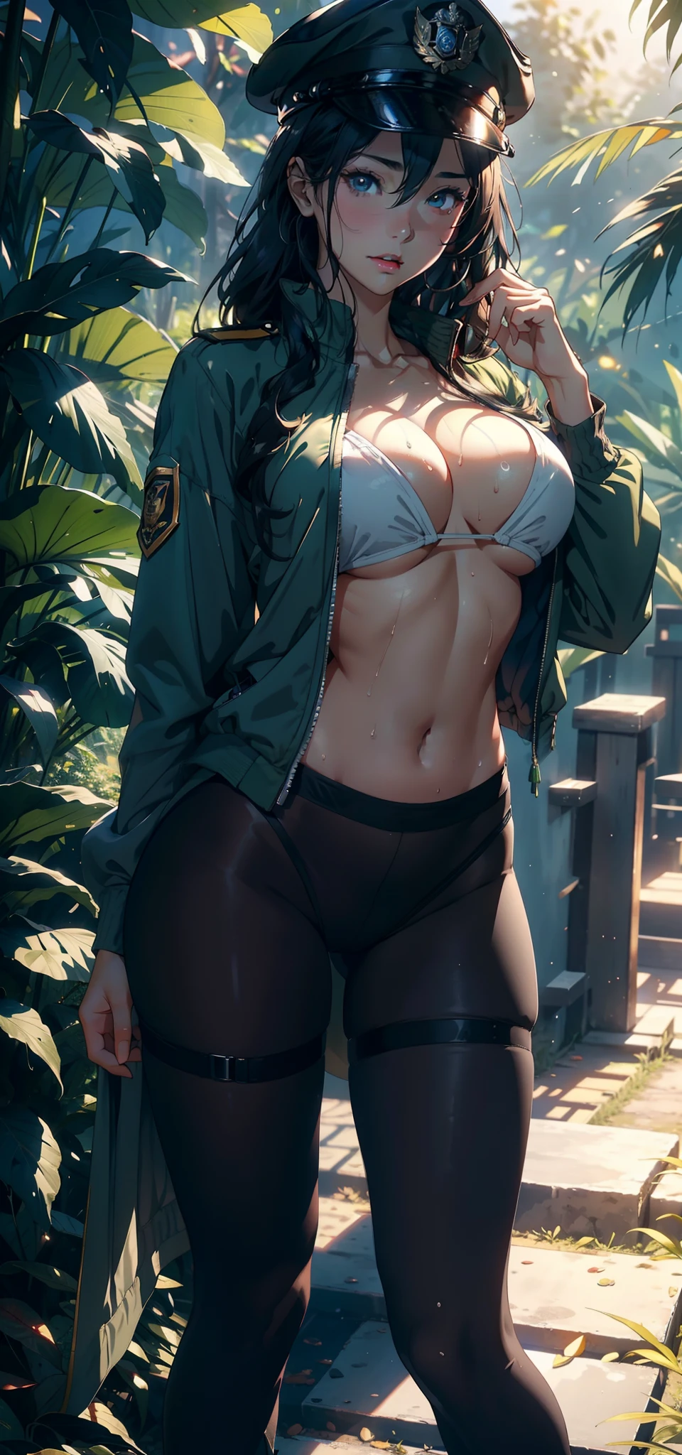 1female,25 age old,Large breasts,Pornographic exposure, 独奏,(Background with:ln the forest,the rainforest,in summer) with his long black hair,standing on your feet,Sweat profusely,drenched all over the body,seen from the front, curlies, mostly cloudy sky,(((tmasterpiece),(Very detailed CG unity 8K wallpaper),best qualtiy,cinmatic lighting,detailed back ground,beatiful detailed eyes,Bright pupils,(Very fine and beautiful),(Beautiful and detailed eye description),ultra - detailed,tmasterpiece,)),facing at camera,A high resolution,ultra - detailed),revealing breasts,Bare genitalia, Bulge,Camel toes,Raised sexy,Flushed complexion,Open-mouthed,frontage,Female officers,Officer's cap(Wearing:green colored bomber jacket,Pantyhose)nakeness,high-heels