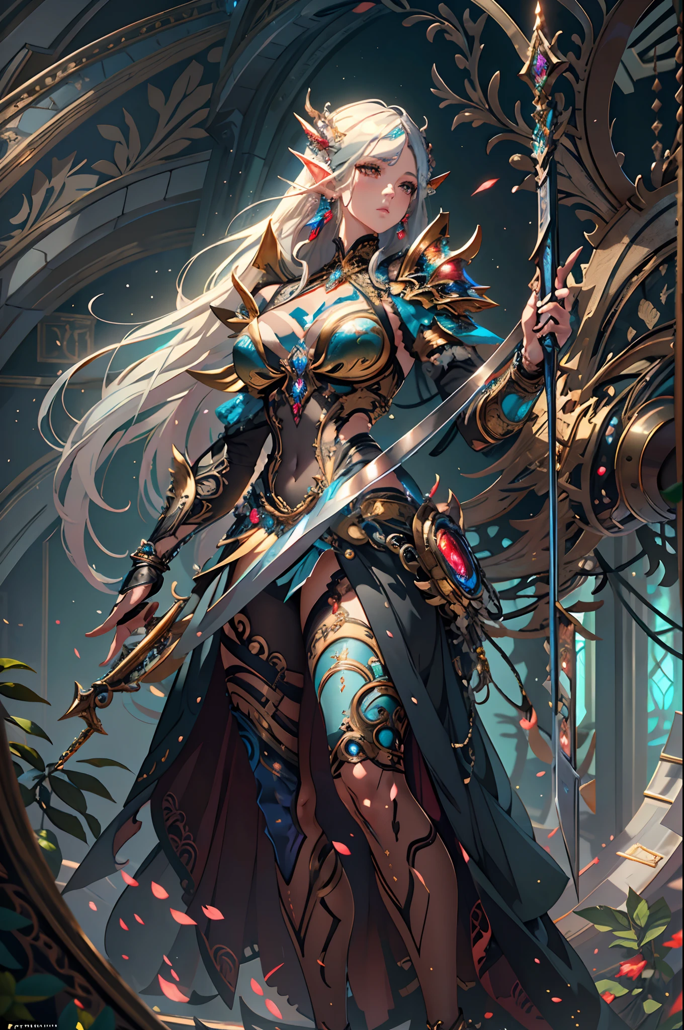 high details, best quality, 8k, [ultra detailed], masterpiece, best quality, (extremely detailed), dynamic angle, ultra wide shot, photorealistic, fantasy art, dnd art, rpg art, realistic art, a wide angle, (((anatomically correct)))  a picture of an elf knight, elf warrior, elite warrior, ready for battle (intense details, Masterpiece, best quality: 1.5), female elf  (intense details, Masterpiece, best quality: 1.5), ultra detailed face, ultra feminine, fair skin, exquisite beauty, gold hair, long hair, wavy hair, small pointed ears, dynamic eyes color, wearing heavy elven armor LnF, shinning metal, armed with elven sword fantasysword sword, standing near a unicorn, green meadows, blue skies background and some clouds background depth of field (intricate details, Masterpiece, best quality: 1.5), dynamic angle, (intricate details, Masterpiece, best quality: 1.5), high details, best quality, highres, ultra wide angle