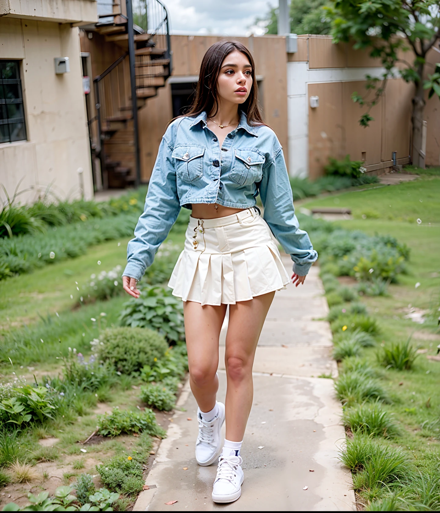 Una mujer con falda y chaqueta caminando por una acera, Violeta Myers, usar chaqueta y falda, con falda blanca, Julia Fuentes, Camisa recortada con chaqueta, Ava Max, Cindy Avelino, Dua Lipa, Karla Ortiz, Llevar crop top y minifalda, Usar ropa simple y ajustada, cintura delgada y caderas gruesas, Joven linda de cuerpo completo, foto de perfil