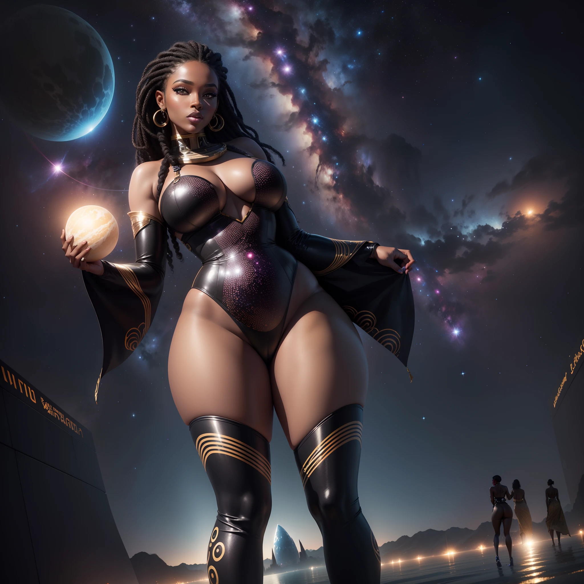 Beautiful black curvy woman in modelling outfitswith African designs modelling on a floating runway, in outer space, crowd watching, stars in the galaxy shining, with iridescent light, highly detailed images, vibrant beautiful colours, photorealistic image, 8k, ultra HD, unreal engine rendered, cinematic lighting, artgerm style,