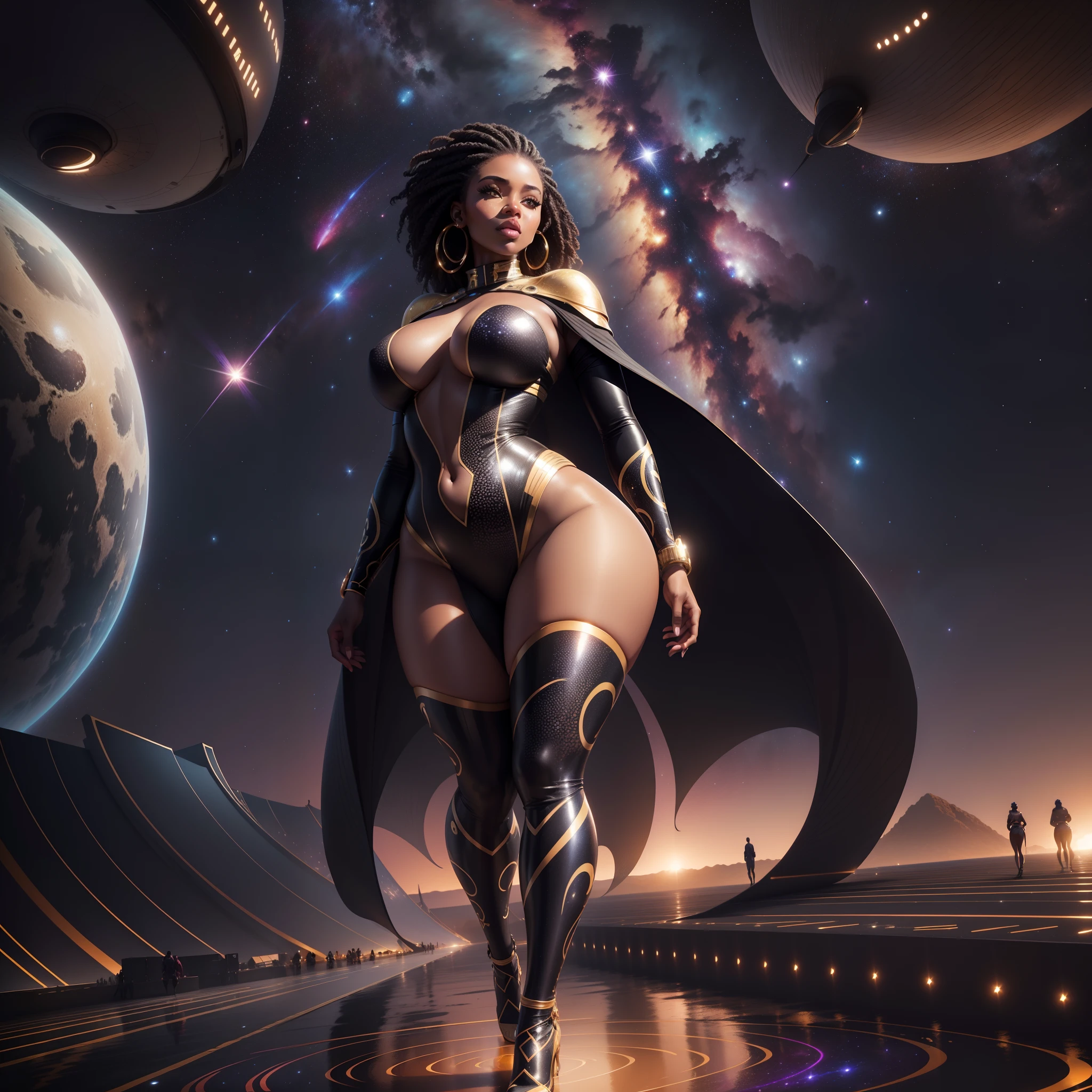 Beautiful black curvy woman in modelling outfitswith African designs modelling on a floating runway, in outer space, crowd watching, stars in the galaxy shining, with iridescent light, highly detailed images, vibrant beautiful colours, photorealistic image, 8k, ultra HD, unreal engine rendered, cinematic lighting, artgerm style,