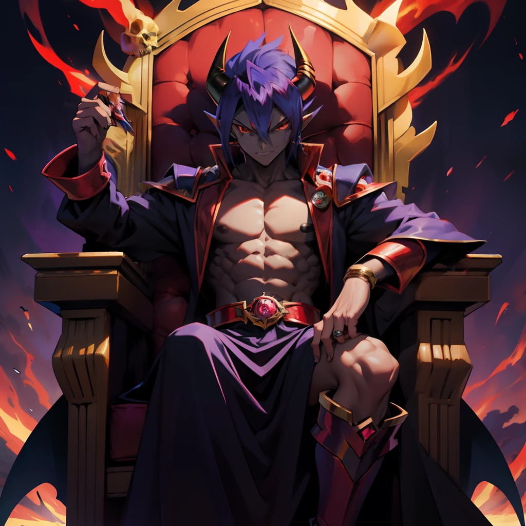 Generate a yugioh monster that is fire attribute and a fiend monster. He is similar to "Dark Magician" and "Summoned Skull". he is a demon that sits upon a throne overlooking his demon subjects. Yugioh, Dark Magician, summoned skull, red-eyes dark dragoon, evil, good, dark, sitting on throne, anime yugioh style, solo male, demon, swole