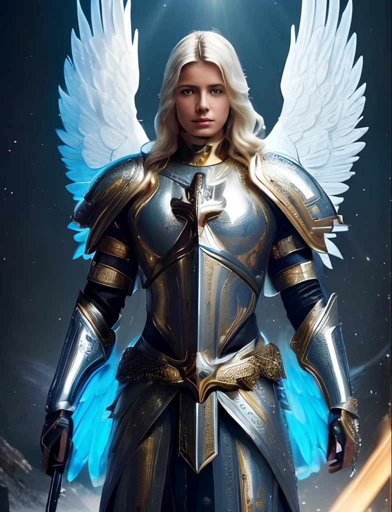 (((SAINT MICHAEL ARCHANGEL. 19 years old))) ((( Con una cara seria y piadosa. Con una mirada dulce y tierna))) (obra maestra, calidad superior, mejor calidad, arte oficial, beautiful and aesthetic: 1.2), (1girl), extremadamente detallado, (Arte fractal: 1.3), colorido, highest detailed, Cara perfecta, parte superior del cuerpo, HDR, (orando: 1.3), (golden lines of white coat: 1.2), galaxia, (rayas de luz), eye-catching visuals, (dynamic stripes, senderos luminosos: 1.2), colores vibrantes,