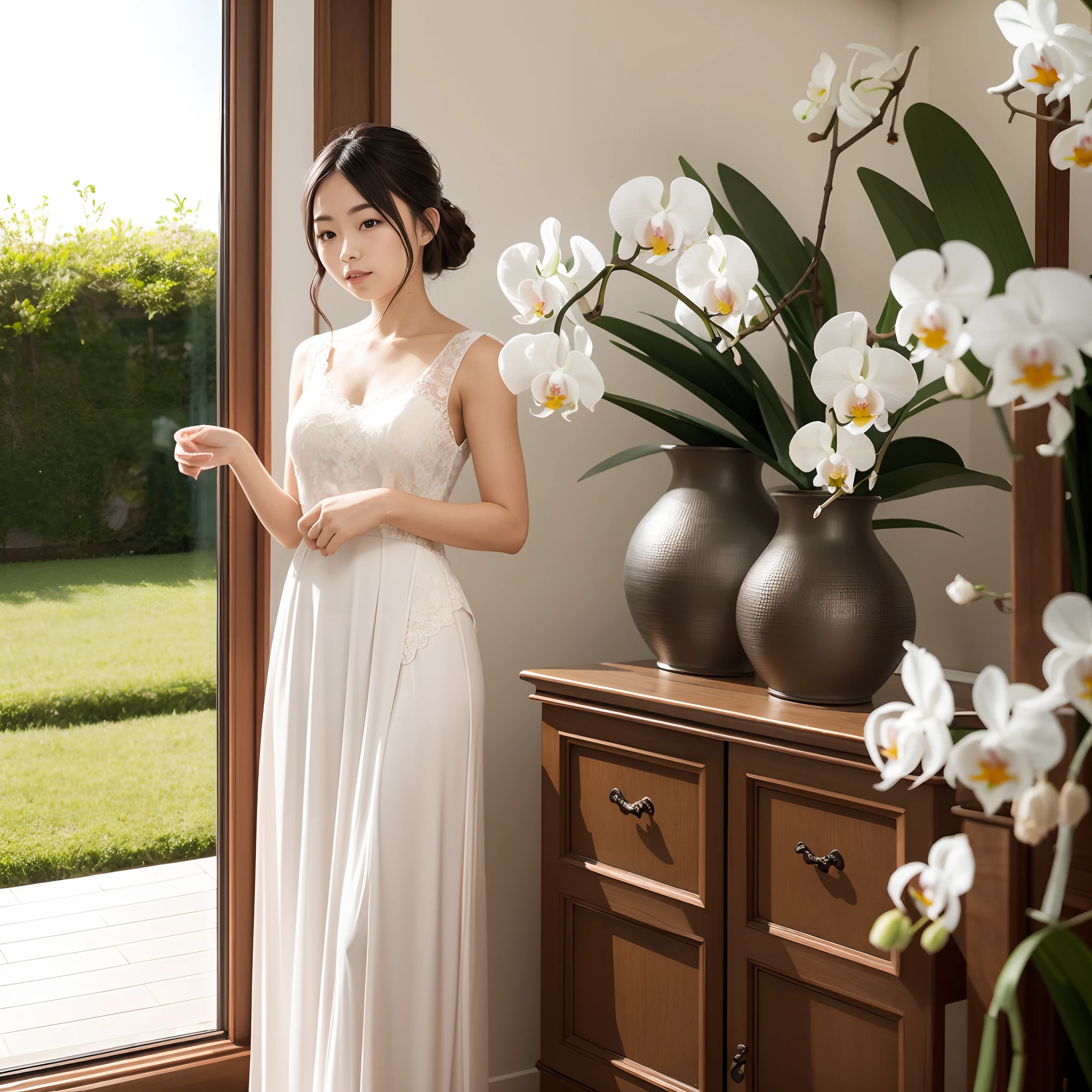 Beautiful house interior with white orchid behind a beautiful girl