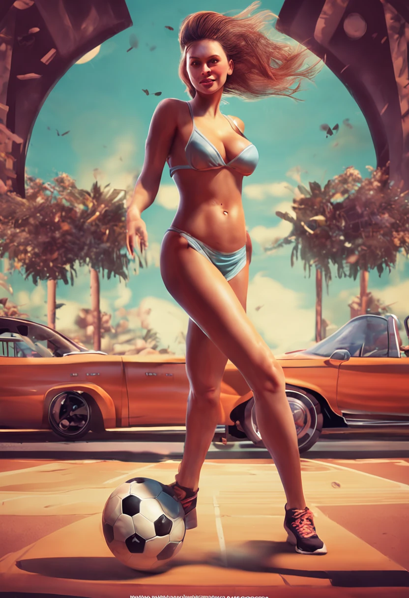 realistic woman with big breasts and completely naked playing soccer