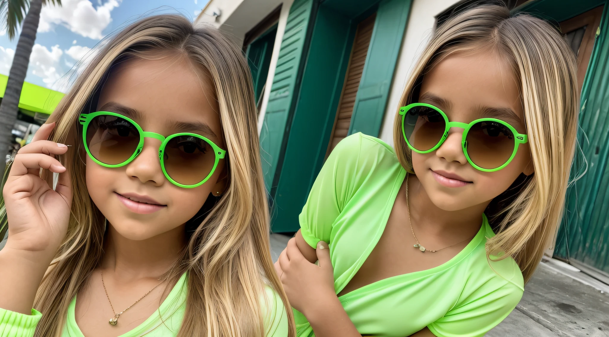 There is a young BLONDE KIDS GIRL wearing a green outfit and sunglasses, Tons de verde, katelynn mini estilo bonito, roupas verdes, verde neon, neon verde, vestindo roupas verdes, lime green, with sunglasses, neon vibes, Poarch bonito, green neon details, estilo neon, with sunglasses GREEN, lindo modelo jovem, Young lady KIDS jovem e bonito