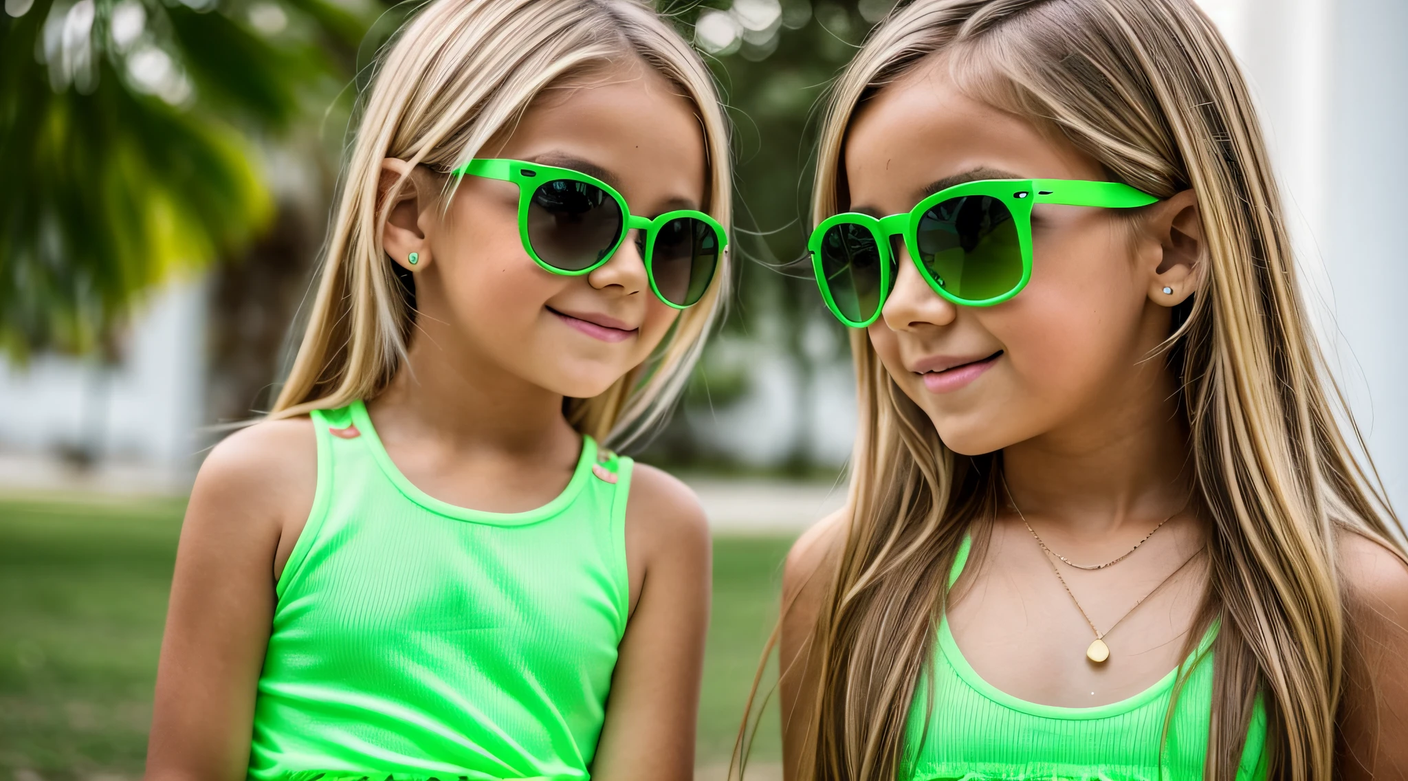 There is a young BLONDE KIDS GIRL wearing a green outfit and sunglasses, Tons de verde, katelynn mini estilo bonito, roupas verdes, verde neon, neon verde, vestindo roupas verdes, lime green, with sunglasses, neon vibes, Poarch bonito, green neon details, estilo neon, with sunglasses GREEN, lindo modelo jovem, Young lady KIDS jovem e bonito