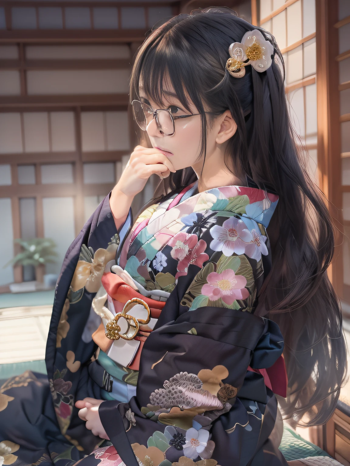 Super beautiful photo，Alafi wearing a kimono sitting on tatami mats in a Japanese-style room,Snapshots, a woman vampire，Holding a kissel in your right hand,traditional japanese, in a kimono, Black kimono, japanese kimono, Black kimono with colorful chrysanthemum pattern, Wearing kimono, A Japanese style, A Japanese Lady, Wearing a kimono, classy yukata clothing, bath robe,Street,Under the streetlight,Streetlight，Princess Hair， Black Long Hair, in a kimono, Komono, Japanese Models, wearing royal kimono,slim figure,extremely detailed eye and face、beatiful detailed eyes,Beautiful skins,The brilliance of details、The brilliance of details，smooth hair，detailed hairs，Very fine hairs ,Thin leg,skinny thigh,extremely beautiful legs，goddess of Japan,,The brilliance of details、smooth hair，detailed hairs，Very fine hairs，The brilliance of details，Small breasts glasses,Thin leg,独奏,Wearing underwear,Smaller face,realistic facial expression,(Face to feel:1.6),Enchanted,Nasty look,Functional,milky skin,Soft lips,Raw photo,Expression in love,Shyness,Longing for love,Sex appeal in girls,The smell of sex appeal,Color makeup，Lowered eyebrows、Whitening effect，A look tinged with joy，Ephemeral woman，