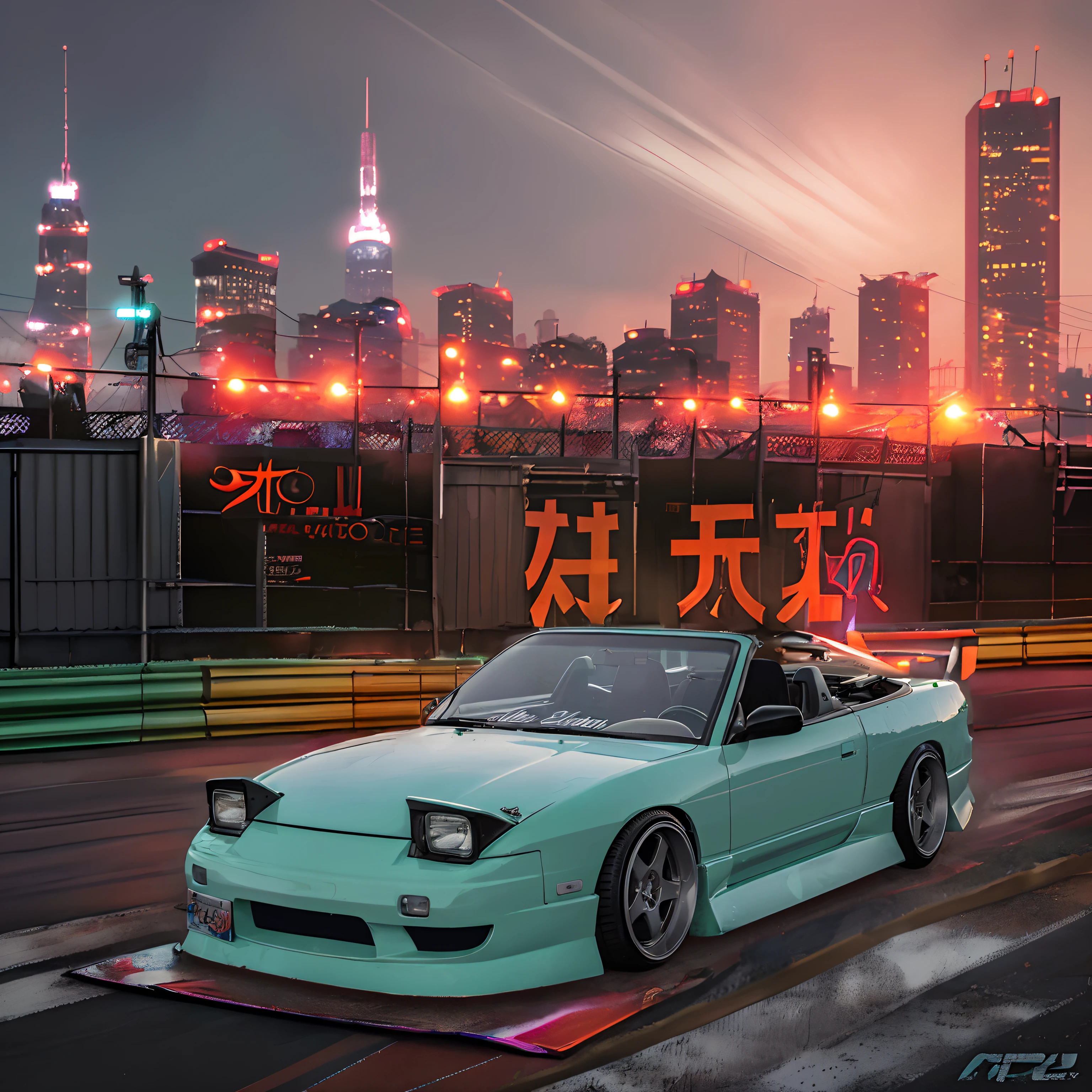 "Tokyo Drift-inspired racing scene, vibrant neon-lit city, futuristic ambiance, featuring an iconic orange Toyota Supra and a Deep Purple Nissan Skyline in the background." HDR, cinematic, motion blur,