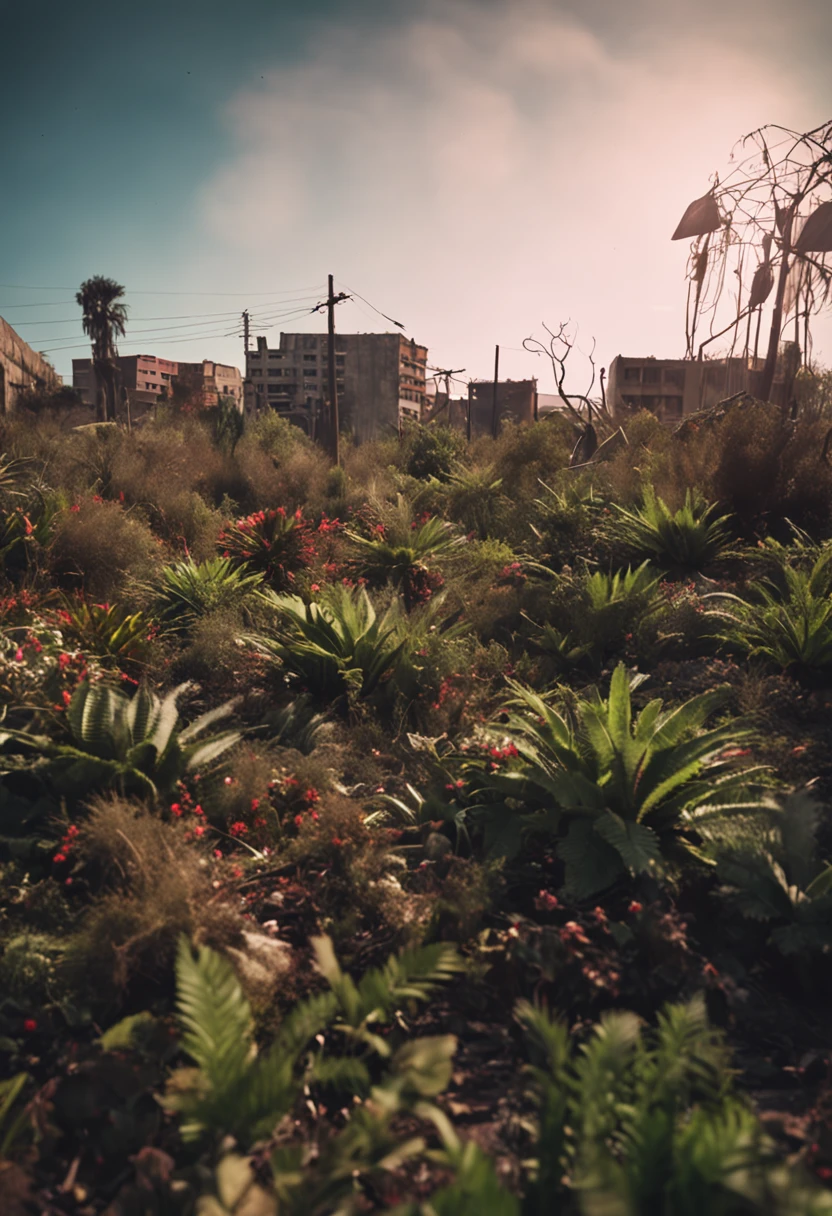 apocalyptic landscape, cidade abandonada, plantas em toda parte, dia nublado, soturno, no experience
