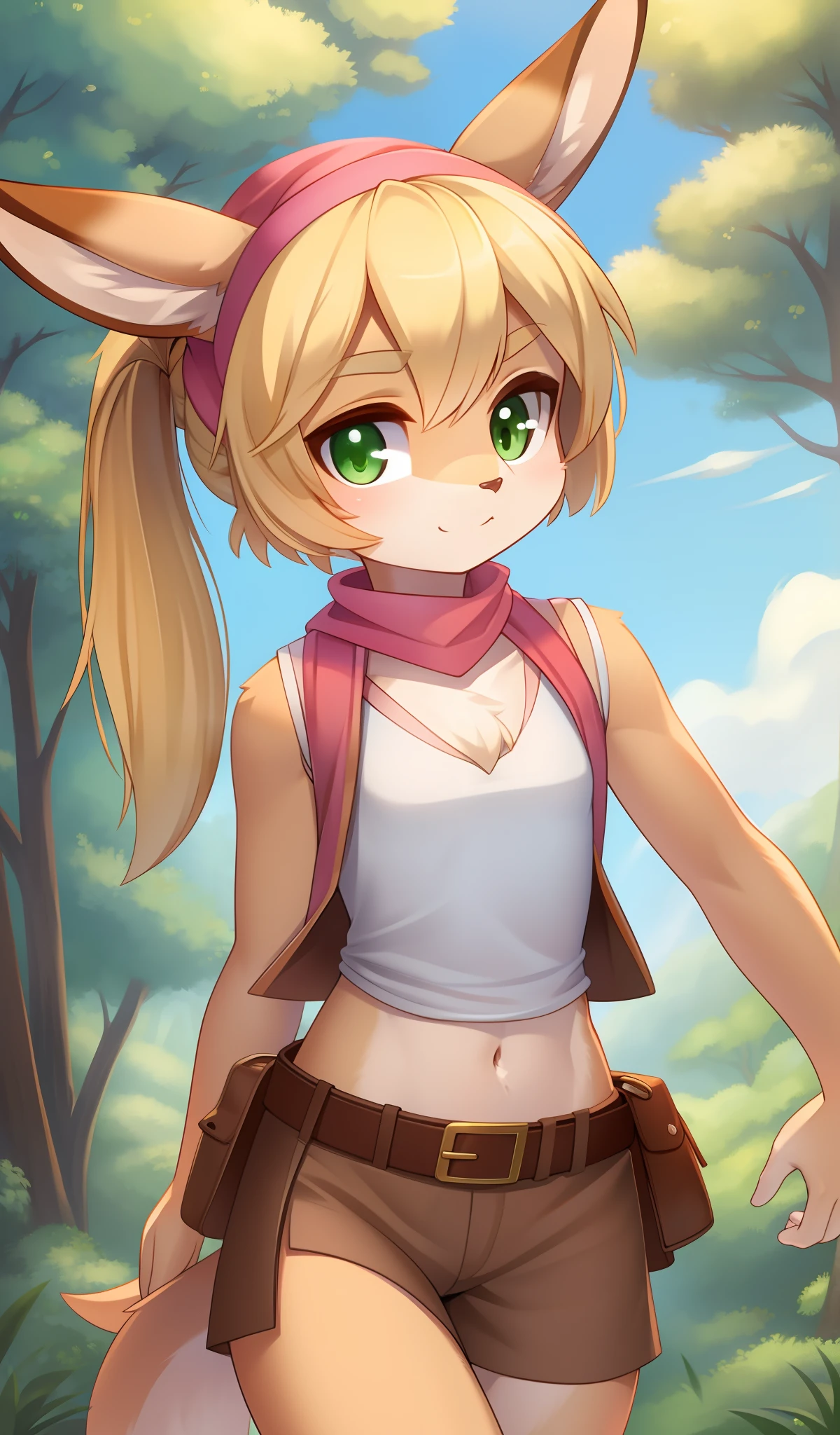 Furry girl, kangaroo, cute hair, two ponytails, blonde hair, green eyes, small breasts, detailed body fur, ((brown vest sleeveless, open clothes, red belt, green shorts, pink headscarf on head)), masterpiece, looking at you, two tone body fur, beige body fur, clear beige body fur, detailed face, big eyebrows, detailed eyes, detailed body, forest, clear sky, detailed hands, glistering body, skinny, sassy face, :3, perfect lighting, perfect shadows, perfect eyes, perfect hair, perfect face, gorgeous body